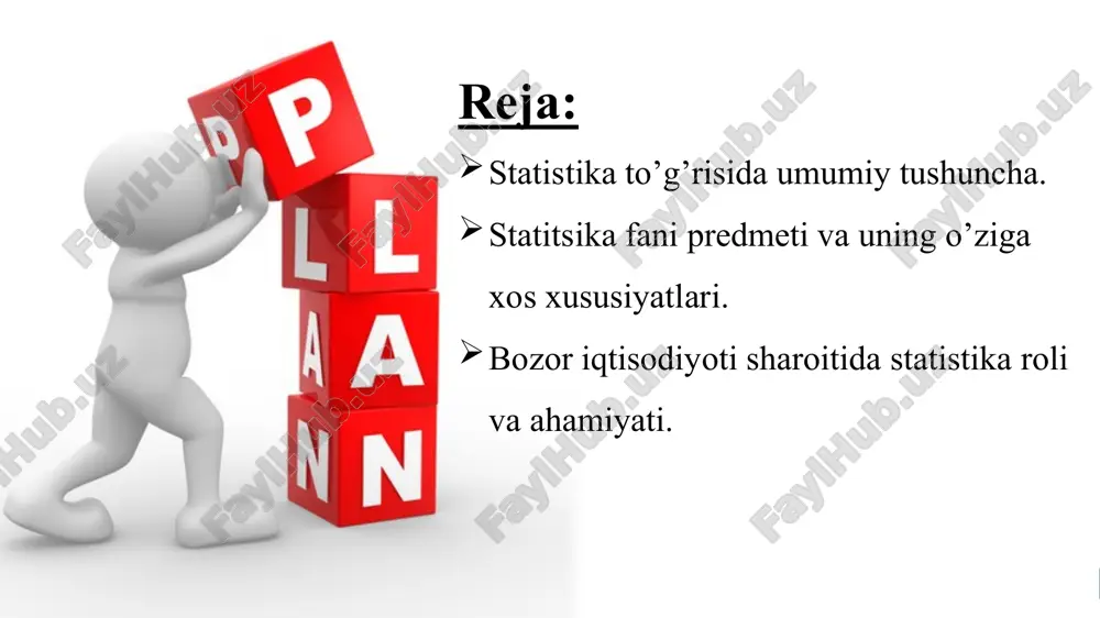 isa va jarayonlarni o’rganadi. ular biror narsalar to’plamida va o’zaro bog’langan to’plamlar orasida kechadi. bu yerda hodisa so’zi jamiyat hayotida, turmushda, tabiatda, bir so’z bilan aytganda, moddiy dunyoda haqiqatda bo’lgan real voqeani bildiradi. masalan, oilada bola tug’ilishi, paxta hosili, ishchilar soni, yog„ingarchilik (qor yoki yomg’ir yog’ishi), atrof-muhit bulg’anishi va hokazolar. jarayon so’zi voqealar oqimini, ularning ma’lum makon va zamon sharoitida qanday tezlikda kechishini, yuzaga chiqish yoki chiqmasligini, o’zgarishini, hodisalar rivojlanishini anglatadi. 5 statistika fanining predmeti bizdan tashqarida va ongimizga bog’liq bo’lmagan mavjudot, buyum-narsa fikr yuritish obyekti, muloxaza mazmunini belgilovchi narsa muayyan o’quv fani bilimlar majmuasi o’rganilayotgan hodisa, voqea, fakt mavzu. biror narsani tekshirishga yo’llash sababi. 7 bozor iqtisodiyoti sharoitida statistika roli va ahamiyati. 7 8 insoniyat turmushi, xatti-harakatlari, ijtimoiy hayot statistika qo’llanishi va rivojlanishi uchun bepoyon makon yaratdi. uning ilm-fan tarmog’i va amaliy faoliyat sohasi sifatida ilk bor shakllanishida yetakchi rolni aynan turmush voqealari va yashash zaruriyati, ijtimoiy hayot hodisalari …