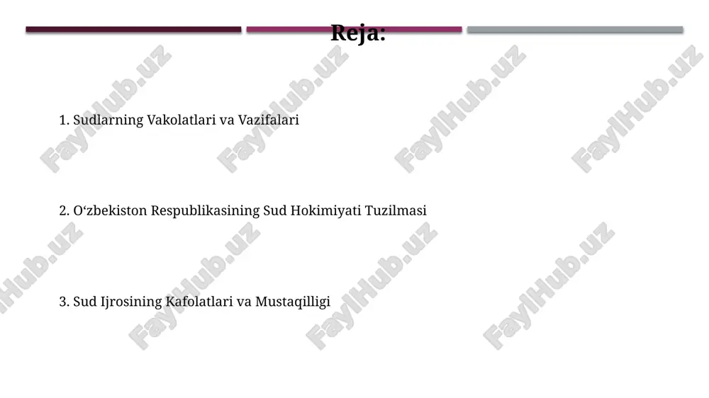 ng faoliyatini taʼminlash uchun 10 000 dan ortiq sud xodimi, shu jumladan 3000 dan ortiq sudya faoliyat yuritadi, bu esa keng koʻlamli sud tizimini koʻrsatadi. xususiylashtirilgan sudlarning vakolatlari ushbu sudlarning vakolatiga arbitraj shartnomalari bo'yicha nizolarni hal qilish, shu jumladan, 100 000 aqsh dollarigacha bo'lgan miqdordagi tovon puli masalalari kiradi. xususiylashtirilgan sudlar, qonun bilan belgilangan tartibda, majburiy ijro etish choralarini qo'llash, masalan, mulkni musodara qilish huquqiga ega. ma’muriy sudlarning vakolatlari ma’muriy ishlar boʻyicha sud jarayonida 500 ming soʻmdan ortiq boʻlmagan miqdordagi davlat bojlarini undirish ma’muriy sudlarning vakolatiga kiradi. ma’muriy sudlar fuqarolarning huquq va erkinliklarining buzilishiga oid 15 kun ichida tezkorlik bilan qaror chiqarish vakolatiga ega boʻlib, bu qarorlar bekor qilinishi mumkin. konstitutsiyaviy sudning vakolatlari konstitutsiyaviy sud, konstitutsiyaga zid deb topilgan qonun hujjatlarining amal qilishini to'xtatishi yoki bekor qilishi mumkin, bu esa uning kuchli vakolatlarini namoyon etadi. konstitutsiyaviy sud qonunlarning konstitutsiyaga muvofiqligini tekshiradi va 15 nafar sudyadan iborat bo'lib, ularning vakolat muddati …