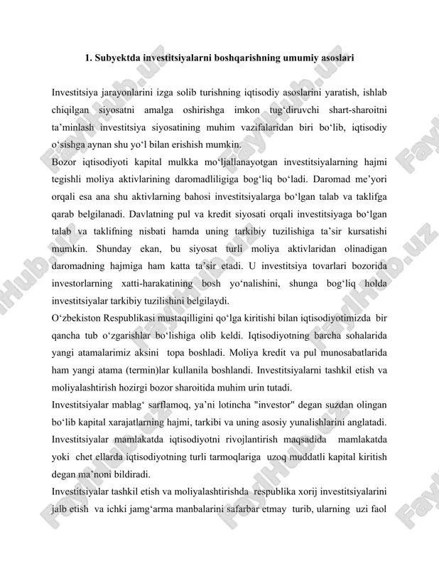 mamlakatda yoki chet ellarda iqtisodiyotning turli tarmoqlariga uzoq muddatli kapital kiritish degan ma’noni bildiradi. investitsiyalar tashkil etish va moliyalashtirishda respublika xorij investitsiyalarini jalb etish va ichki jamg‘arma manbalarini safarbar etmay turib, ularning uzi faol investitsiya ishlari bilan shug‘ullanmay turib, iqtisodiyotning strukturasini tubdan o‘zgartirish vazifasini hal etish qiyin kechadi. investitsiya tashkil etish va moliyalashtirishda asosiy etibor subyektlarning ishlab chiqarishni kengaytirish, binolarni qayta qurish va texnika bilan qurollantirish uchun mablag‘larni qidirib topishni rag‘batlantirishga qaratiladi. hozirgi paytda kapital sarflarni mablag‘ bilan ta’minlash manba’larini tarkibi o‘zgarmoqda. investitsiyalarni tashkil etish va moliyalashtirish davlat tomonidan amalga oshiriladi. bunda investitsiyalar bo‘yicha amal kilayotgan konunlar albatta hisobga olinadi. o‘zbekistonda investitsiyalar agrosanoat kompleksi, yengil sanoat, kimyo va neftkimyo sanoati, mashinasozlik va meditsina soxalariga yunaltirilmoqda. davlat tomonidan investitsiyalarni tashqil etish moliya-kredit siyosatini to‘g‘ri olib borish buning asosida moliyaviy yordamlar, dotatsiya, subsidiya, qarzlar ko‘rinishida ayrim xudud va tarmoqlarning rivoji uchun yunaltirilishi bular hammasi investitsiyalar va moliyaning moddiy asosini tashkil etadi. ivestitsiyalarni …