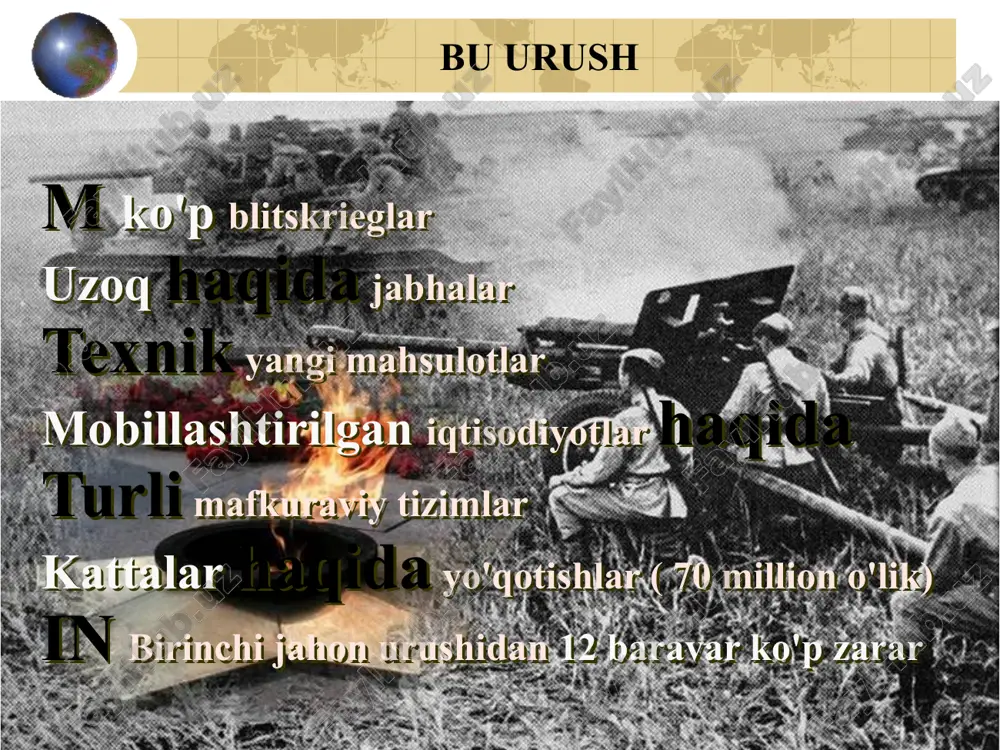 vlati tugatildi. g'arbiy ukraina va g'arbiy belorussiya sssrga berildi va germaniya bilan chegaradosh polsha erlari berlindan boshqariladigan germaniya bosh hukumati deb e'lon qilindi. 28 sentyabrda sssr va germaniya oʻrtasida doʻstlik va chegara toʻgʻrisidagi shartnoma imzolandi. o'rtasida umumiy chegara paydo bo'ldi . sovet-litva shartnomasining imzolanishi sssr estoniya, latviya va litvadan o'zaro yordam shartnomalarini tuzishni va sovet garnizonlarini o'z hududlarida joylashtirishga rozi bo'lishni talab qildi. bu talablar qabul qilindi. majinot chizig'idagi frantsuz istehkomlari 1939 yil 3 sentyabr angliya va fransiya germaniya polshaga qarshi tajovuzni to'xtatish to'g'risidagi ultimatumiga javob bermasa, unga qarshi urush e'lon qiladi . yangi zelandiya va avstraliya ham germaniyaga urush e'lon qildi. shu vaqtdan boshlab 1940 yil 10 maygacha " g'alati (o'tirish) urushi " bo'lib o'tdi. 1940 yil bahorida gitler g'arbiy frontga hujum boshladi. 9-aprelda germaniya daniya va norvegiyani bosib oldi. daniya jangsiz taslim bo'ldi va norvegiyada mahalliy fashistlar rahbari quisling hokimiyatga keldi. 1940 yil 10 mayda nemis qo'shinlari niderlandiya, …