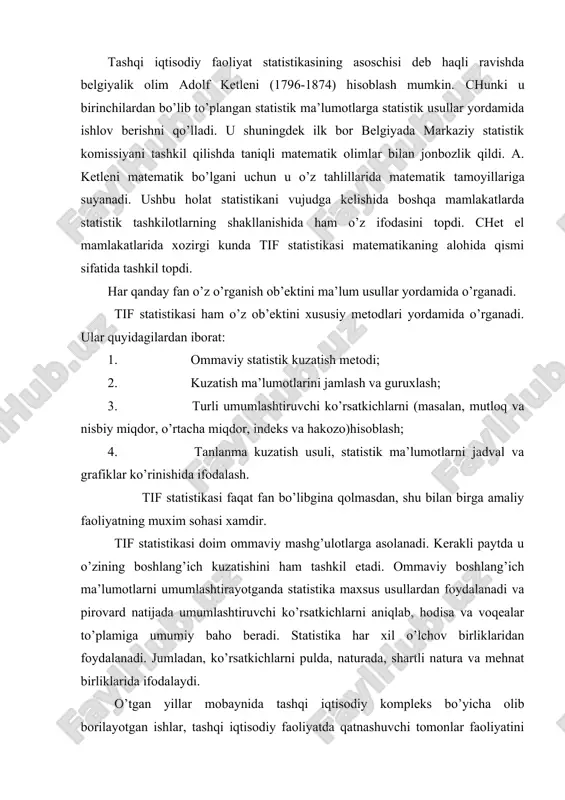 sus usullardan foydalanadi va pirovard natijada umumlashtiruvchi ko’rsatkichlarni aniqlab, hodisa va voqealar to’plamiga umumiy baho beradi. statistika har xil o’lchov birliklaridan foydalanadi. jumladan, ko’rsatkichlarni pulda, naturada, shartli natura va mehnat birliklarida ifodalaydi. o’tgan yillar mobaynida tashqi iqtisodiy kompleks bo’yicha olib borilayotgan ishlar, tashqi iqtisodiy faoliyatda qatnashuvchi tomonlar faoliyatini bozor iqtisodiyoti printsiplari hamda ularni liberalizatsiyalashtirish asosida olib borildi. chet el mamlakatlari bilan iqtisodiy savdo munosabatlari, hamda xalqaro iqtisodiy va moliyaviy tashkilotlar bilan hamkorlikni yanada chuqurlashtirish, mustahkamlash borasida olib borilayotgan ishlar yanada jadallashtirildi. mamlakatning 2009 yildagi jami tashqi savdo oboroti 6689,2 mln. dollarni, ya’ni 2008 yilga nisbatan 17,3%ga oshdi. uzoq chet el mamlakatlari bilan tashqi savdo oboroti 54,3%ga oshib 3392,8 mln. dollar, mxd va baltika davlatlari bilan esa 15,4%ga oshib 2105,4 mln. dollarni tashkil qildi. 2009 yil natijalariga ko’ra tashqi savdo bozori balansi manfiy saldosi 167,0 mln. dollar yoki 2008 yilga nisbatan 135,8 mln. dollarga oshdi. bu esa eksport-import jarayonlarining o’zbekiistonda samarali …