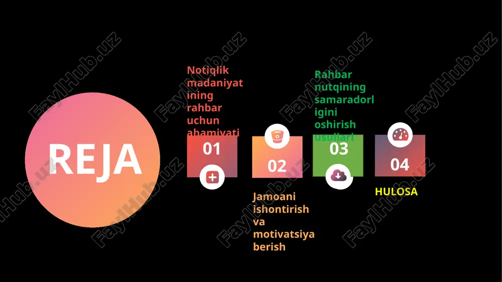 iya berish vositasi jamoani ishontirish va motivatsiya berish rahbarning asosiy vazifalaridan biridir. samarali notiqlik orqali rahbar xodimlarga ilhom bag‘ishlashi, ularni umumiy maqsadlarga yo‘naltirishi va jamoa ichida ijobiy muhit yaratishi mumkin. ishontirish qobiliyatiga ega bo‘lish uchun nutqda aniq dalillar keltirish, ishonchli ohangda gapirish va jamoaning ehtiyojlarini inobatga olish muhimdir. motivatsiya berish esa rag‘batlantiruvchi so‘zlar, kelajakdagi imkoniyatlarni ko‘rsatish va jamoaning muvaffaqiyatini ta’kidlash orqali amalga oshiriladi. shuningdek, yaxshi natijalarga erishgan xodimlarni e’tirof etish va ularning mehnatini qadrlash ham motivatsiyani oshirishga yordam beradi. rahbar nutqining samaradorligini oshirish usullari 1. tayyorlangan va rejalangan nutq: oldindan rejalashtirilgan nutq tartibli va tushunarli bo‘lib, samaradorlikni oshiradi. 2. tushunarli va lo‘nda ifodalar: murakkab fikrlarni oddiy va aniq so‘zlar bilan yetkazish jamoaning tez tushunishiga yordam beradi. 3. tana tili va ovoz ohangidan foydalanish: to‘g‘ri jest va ovoz balandligi nutqning ta’sirchanligini oshiradi. 4. tinglovchilar bilan muloqot: jamoaning reaktsiyasini kuzatib, ularga mos ravishda nutqni moslashtirish nutq davomida pauzalardan foydalanish establish achievable deadlines …