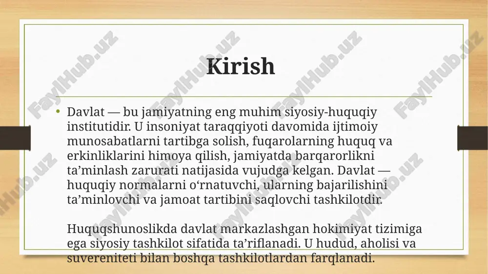 iyalar: huquq-tartibotni saqlash iqtisodiy siyosatni yuritish aholi farovonligini oshirish ta’lim, sog‘liqni saqlash, ijtimoiy himoya tizimini rivojlantirish ekologik muhofaza tashqi funksiyalar: davlat mustaqilligini himoya qilish tashqi siyosat yuritish diplomatik munosabatlarni yo‘lga qo‘yish xalqaro hamkorlikni rivojlantirish davlat shakllari 1. davlat boshqaruvi shakli: monarxiya (buyuk britaniya, yaponiya) respublika (o‘zbekiston, fransiya) 2. davlat tuzilishi shakli: unitar davlat (o‘zbekiston, italiya) federativa (rossiya, aqsh, germaniya) 3. siyosiy rejim: demokratik avtoritar totalitar o‘zbekiston respublikasi — demokratik, huquqiy, ijtimoiy va dunyoviy davlat sifatida konstitutsiyada mustahkamlangan (o‘zbekiston respublikasi konstitutsiyasi, 1-modda). davlat hokimiyatining bo‘linishi huquqiy davlatning asosiy tamoyillaridan biri — hokimiyatlar bo‘linishi prinsipi. unga ko‘ra davlat hokimiyati uch tarmoqqa bo‘linadi: qonun chiqaruvchi hokimiyat — oliy majlis; ijro etuvchi hokimiyat — prezident va vazirlar mahkamasi; sud hokimiyati — mustaqil sud organlari. bu tizim hokimiyatlarning o‘zaro muvozanatini ta’minlaydi va demokratiyaning asosi hisoblanadi. huquqiy davlat va fuqarolik jamiyati huquqiy davlat — bu qonun ustuvorligi tamoyiliga asoslangan boshqaruv shaklidir. unda fuqarolarning huquq va erkinliklari …
