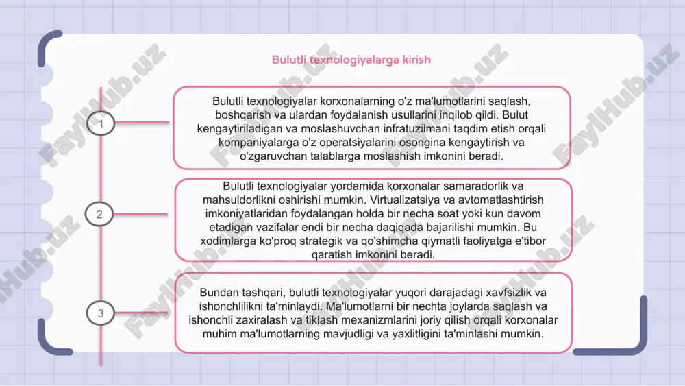 i buzilishi xavfini kamaytiradi. bulutli hisoblash platformalari bulutli hisoblash platformalari - bu foydalanuvchilarga virtual serverlar, saqlash va hisoblash resurslari bilan ta'minlaydigan internetga asoslangan texnologiyalar. ushbu platformalar korxonalar va jismoniy shaxslarga jismoniy infratuzilmaga ehtiyoj sezmasdan hisoblash resurslariga kirish va ulardan foydalanish imkonini beradi. bulutli hisoblash platformalaridan foydalangan holda, tashkilotlar kerak bo'lganda o'z resurslarini kattalashtirishi yoki kamaytirishi, faqat foydalanganlari uchun to'lashi va internetga ulangan istalgan joydan o'z ma'lumotlari va ilovalariga kirishi mumkin. bulutli xizmatlar turlari bulutli xizmatlarning uch turi mavjud: xizmat sifatida infratuzilma (iaas), xizmat sifatida platforma (paas) va xizmat sifatida dasturiy ta'minot (saas). iaas internet orqali virtual mashinalar, saqlash va tarmoq kabi virtuallashtirilgan hisoblash resurslarini taqdim etadi. paas ishlab chiquvchilar uchun infratuzilmani boshqarish haqida qayg'urmasdan ilovalarni yaratish va joylashtirish uchun platformani taklif qiladi. saas internet orqali kirish mumkin bo'lgan foydalanishga tayyor dasturiy ilovalarni taqdim etadi. bulutli xizmatning har bir turi turli darajadagi moslashuvchanlik, kengayish va qulaylikni taklif etadi, bu esa tashkilotlarga …
