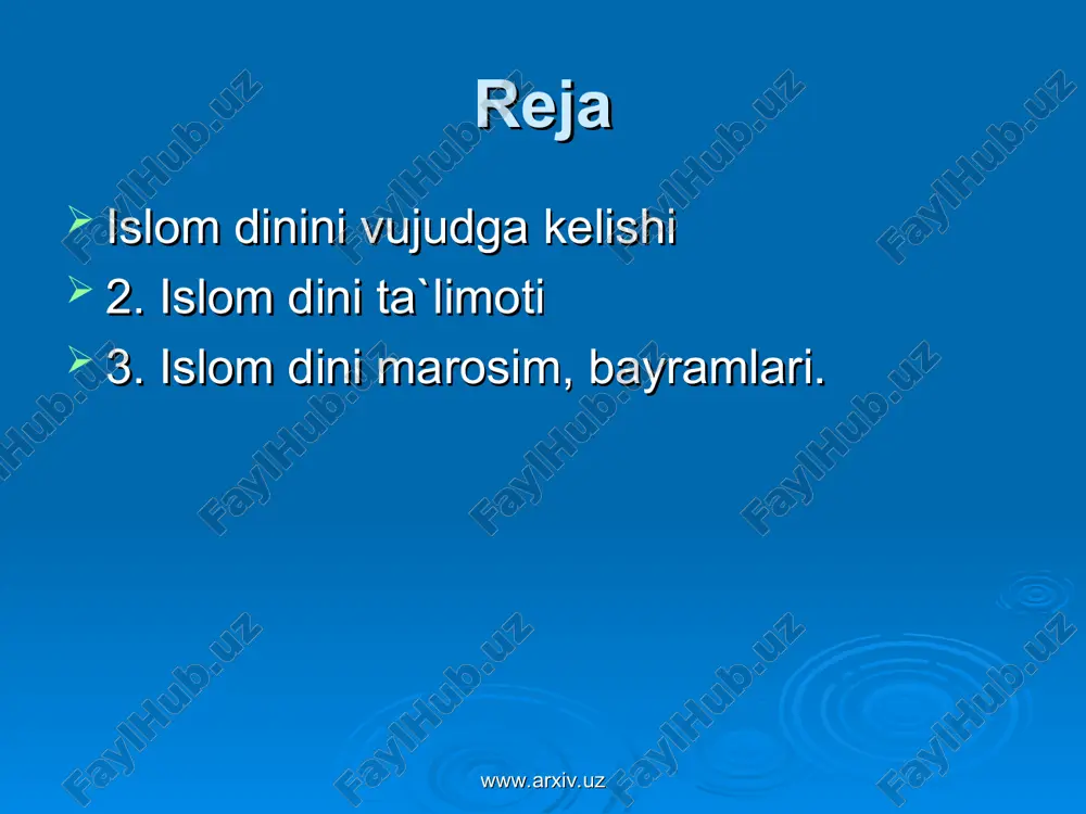 shubxasiz, barcha odamlarga mo`minlarga jannat haqida xushxabar eltuvchi, kofirlarni esa do`zax azobidan ogohlantiruvchi bo`lgan xalqingizdan, payg`ambar qilib yubordik» (quro'ni karim sabo surasi 68 oyat). www.arxiv.uz www.arxiv.uz islom» so`zi quyidagi ma'nolarni anglatadi. itoat va bo`ysunish. ixlos va turli ofatlardan salomat bo`lish. sulh va omonlik. www.arxiv.uz www.arxiv.uz islom ta'limotini asosini iymon, islom, ehson tashkil etadi iymon 7 aqidaga asoslanadi: 1.allohga 2.farishtalarga 3.muqaddas kitoblarga 4.payg`ambarlarga 5.oxiratga 6.taqdirga 7.o`lgandan kеyin tirilishga ishonishdir. islom ta`limotidagi asosiy 7 aqidaning alloh taolo va muhammadga ishonish qismi islomda iymon deb ham ataladi, ya`ni allohdan o`ziga o`zga iloh yo`q, muhammad uning bandasi va rasuli (paygambari), deb shohidlik berishi tushuniladi. barcha 7 aqida to`laligicha iymoni mufassal deb ataladi. www.arxiv.uz www.arxiv.uz allohni yagona, bilguvchi, rahmdil, mеhribon shu kabi 99 ta nomi mavjud. islomni asosini tavhid, ya'ni yakkaxudolik tashkil etadi. alloh barcha narsalarni yaratuvchisi. adulaziz mansurning «qur'oni karim ma'nolarining tarjimasi» kitobida shunday dеyilgan: «alloh taolo еr kurrasini yakshanba va dushanba», toglarni sеshanba, …