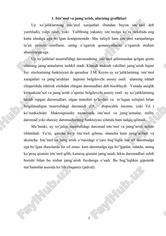 d) iste’mol (c) jamg’arish (s) 1 2 3 4 5 6 7 370 390 410 430 450 470 490 375 390 405 420 435 450 465 -5 0 5 20 15 20 25 tasarrufidagi daromad hajmi 370 shartli birlikka (sh.k.) teng bo’lganda uy xo’jaliklari iste’moli 375 sh.b.ka teng, ya’ni tasarrufidagi daromaddan 5 sh.b.ka ko’p bo’ladi. ya’ni uy xo’jaliklari 5 sh.b.ka teng miqdorda qarz hisobiga yoki o’tgan yillarda to’plangan jamg’armalar hisobiga iste’mol xarajatlari qiladilar. uy xo’jaliklari tasarrufidagi daromadlar 390 sh.b.ka teng bo’lganda, uning miqdori iste’mol miqdori bilan tenglashadi. bu miqdor bo’sag’aviy daromad deb yuritiladi. 6-jadval ma’lumotlari asosida iste’mol grafigini chizamiz. iste’mol grafigi ikki to’g’ri chiziq ko’rinishida berilgan. bissektrisa ko’rinishidagi yd=c to’g’ri chizig’ining har bir nuqtasida iste’mol va tasarrufidagi daromad hajmlari teng bo’ladi. haqiqiy iste’mol (s) grafigi haqiqiy iste’mol va daromad teng bo’lgan nuqtada (α) bissektrisa bilan kesishadi. bo’sag’aviy nuqtadan quyida haqiqiy iste’mol daromaddan oshiq. bu vaziyat insonlarning qarz hisobiga hayot kechirishini …