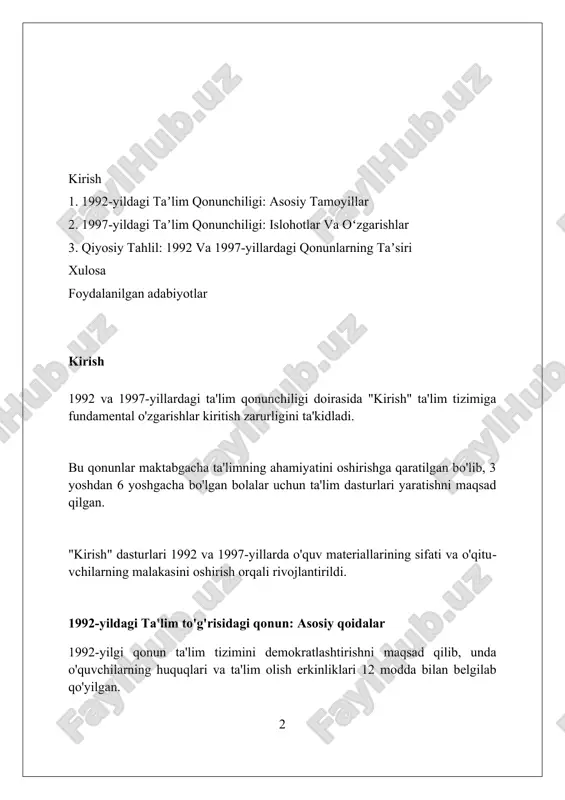 1992-yildagi qonunning asosiy tamoyillari ta'limning insonparvarlik xarakteri, ya'ni har bir shaxsning qadr-qimmati va huquqlarini hurmat qilish, uning erkin rivojlanishiga ko'maklashish 1992-yilgi qonunning asosiy tamoyillaridan biri edi. ta'lim tizimining demokratlashuvi, ya'ni o'quv jarayonida talabalar va o'qituvchilarning o'zaro hamkorligi, fikrlar xilma-xilligi 1992-yilgi ta'lim qonunida belgilangan edi. ta'limning uzluksizligi va izchilligi, ya'ni maktabgacha ta'limdan boshlab oliy ta'limgacha bo'lgan bosqichlarni o'z ichiga olgan yaxlit tizimni yaratish 1992-yilgi qonunning muhim jihati hisoblanadi. 1997-yildagi ta'lim to'g'risidagi qonun: asosiy qoidalar 1997-yilgi qonun taʼlim tizimini uzluksizligi, izchilligi va dunyoviy xarakterga ega ekanligini belgilaydi, bu esa shaxsning har tomonlama rivojlanishiga qaratilgan 12 yillik majburiy taʼlimni oʻz ichiga oladi. qonunda davlat taʼlim standartlari, oʻquv rejalari va dasturlari orqali taʼlim sifatini taʼminlash, shuningdek, pedagog xodimlarning huquqiy himoyasi va ularning malakasini oshirish masalalari alohida oʻrin egallagan. ushbu qonun taʼlim muassasalarini akkreditatsiya qilish va attestatsiyadan oʻtkazish tartibini belgilaydi, bu esa ularning faoliyatini baholash va taʼlim sifatini nazorat qilishning muhim vositasi hisoblanadi, qolaversa litsenziyaga …