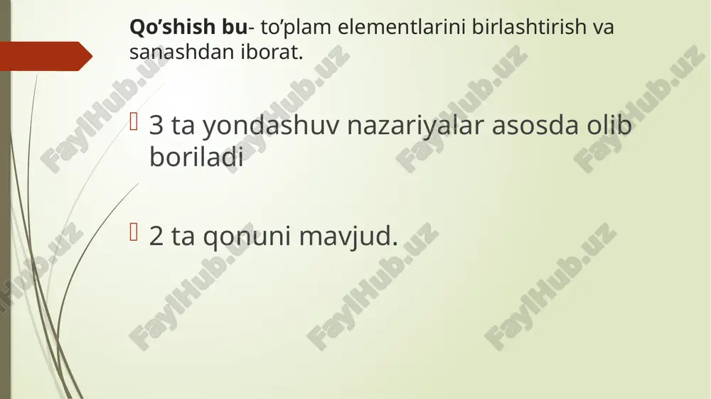 yirish qoidasi a – (b + c) = (a – b) – c=(a – c) – b 25–(13+2) =25 – 15=10 10 ichida ayirishni o‘rgatish to’plamning qismini olib tashlash orqali 6-2 ni tushuntiring 6-2 yozuvini turli usullar bilan o’qing 6-2 yozuvda ifodaning nomi, hadlari va natijasini ayting 6-2 bilan yechiladigan masalalar tuzing 6-2 ni turli usullar bilan toping to’plamning to’ldirmasi orqali son o’qidan foydalanib miqdorlarni o’lchab 6-2 bilan yechiladigan turli masalalar tuzing 6-2 bir to’plam qismining to‘ldiruvchisini topish (qoldiqni topish) berilgan to’plam elementlarini kamaytirish bir to’plamning ikki qismini ajratish (noma’lum qo’shiluvchini topish) berilgan to’plamga teng kuchli to’plam elementlarini kamaytirish ikki to’plam elementlarini taqqoslash (nechta kam? nechta ko’p? savollariga javob berish) quyidagi misollarni yechish uchun o’quvchilarga qanday bilim, ko’nikma va malakalar kerak? 57-7 20+8 60-1 60-40 57-50 28+1 30+20 59+1 quyidagi misollarni yechish uchun o’quvchilarga qanday bilim, ko’nikma va malakalar kerak? 57-7 20+8 60-1 60-40 57-50 28+1 30+20 59+1 57-7, 57-50, …