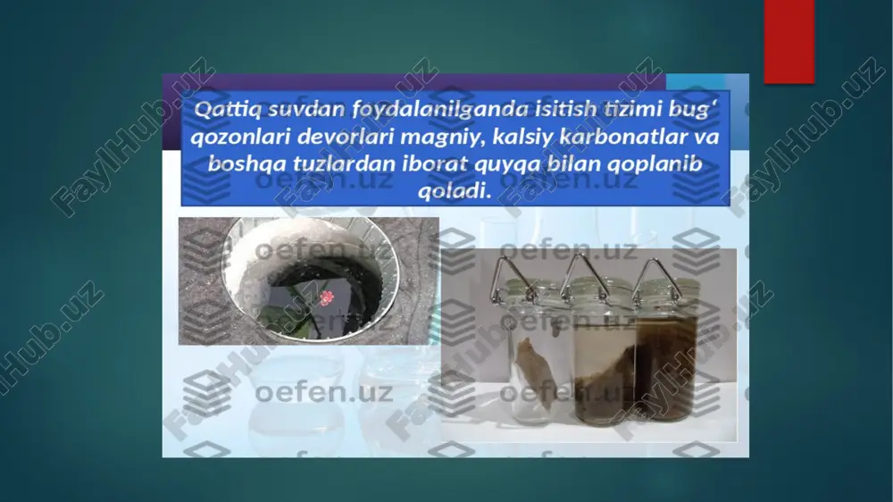 laboratoriyalarga yuborish mumkin. ular spektrofotometriya va raqamli titratlar kabi aniq usullardan foydalanadilar . suvni yumshatish usullari suvni yumshatishning bir qancha samarali usullari mavjud: fizikaviy usullar · qaynatish: faqatgina vaqtinchalik qattiqlikni yo'qotish uchun samarali. suv qaynatilganda, kalsiy va magniy bikarbonatlari cho'kma (lime-scale) holida cho'kadi . · distillyash: suvni qaynatib va bug'ini kondensatsiyalash orqali tozalash. bu usul deyarli barcha erigan tuzlarni, shu jumladan qattiqlik ionlarini olib tashlaydi . kimyoviy usullar · sodali usul: suvga soda (na₂co₃) qo'shiladi. bunda kalsiy va magniy ionlari cho'kmaga tushadi . · fosfatli usul: suvga natriy fosfat (na₃po₄) kabi reagentlar qo'shiladi. kalsiy va magniy fosfatlari hosil bo'lib, ular cho'kma holida ajralib chiqadi . · ion almashin usuli (ionitlar): bu zamonaviy va keng qo'llaniladigan usul. suv maxsus kationitli smola to'ldirilgan kolonkadan o'tkaziladi. smoladagi natriy (na⁺) ionlari suvdagi kalsiy (ca²⁺) va magniy (mg²⁺) ionlari bilan almashinadi, natijada suv yumshaydi . smola to'yingach, uni ishga solinadigan tuz (nacl) eritmasi yordamida qayta …
