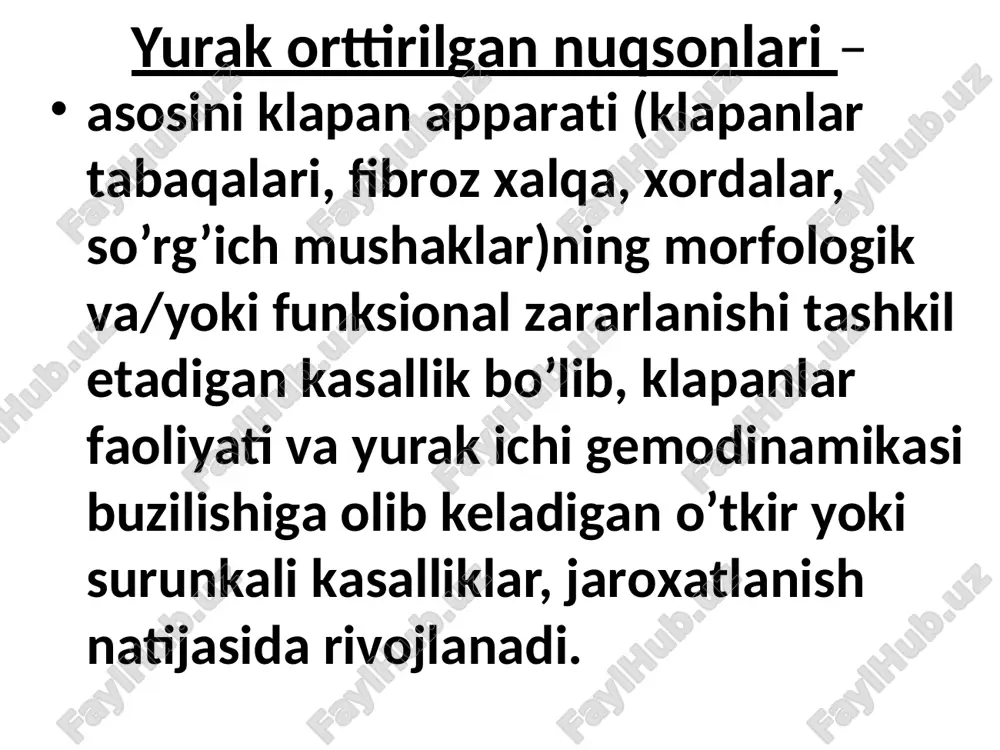 jigarrang), chap bo`lmacha va kichik qon aylanish doirasida qon bosimining oshishi (havorang); tizimga qon regurgitasiyasi yo`nalishi strelka bilan belgilangan. mitral klapan yetishmovchiligining 2 turi farqlanadi organik funksional organik yetishmovchiligi sabablari: revmatik isitma (75%) marfan sindromi yurak jaroxati ateroskleroz, yuik biriktiruvchi to`qimaning sistemli kasalligi ra infeksion endokardit mitral klapan funksional yetishmovchiliging sabablari: chq gemodinamik zo’riqishi, fibroz xalqa kengayishi va klapan apparati disfunksiyasi bilan kechuvchi kasalliklar: arterial gipertenziya yurak aortal nuqsonlari dilatasion kardiomiopatiya yuik davomi: mitral klapan prolapsi so’rg’ich mushaklar disfunksiyasi xordalar yoki so’rg’ich mushaklar uzilishi gipertrofik kardiomiopatiya fibroz xalqa, mitral klapan, xordalar yoki so’rg’ich mushaklar birlamchi idiopatik kalsinozi mitral klapan organik yetishmovchiligi fibroz halqa kengayishi mitral klapan prolapsi xorda yoki so’rgich mushaklar uzilishi mitral yetishmov-chilikda qon regurgita-siyasi patomorfologiya klapan tavaqalarining tortilishi (burishib qolishi), yemirilishi klapan bir yoki ikkala tavaqasining prolapsi va xorda iplari uzilishi so’rg’ich mushaklar uzilishi yoki o’tib ketuvchi ishemiyasi klapan tavaqalari qalinlashishi va ularning yaxshi yopilmasligi mk yetishmovchiligida gemodinamika …