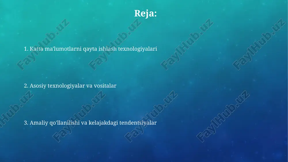 zimlar ma'lumotlarni bir nechta kompyuterlarda saqlaydi va qayta ishlaydi, bu esa 99.99% doimiylikni ta'minlaydi va 10 terabaytgacha ma'lumotni sig'dira oladi. apache hadoop ekotizimi hadoop distributed file system (hdfs) katta fayllarni bir nechta kompyuterda saqlash uchun mo'ljallangan, odatda minglab serverdan iborat klasterlarda, yuqori o'tkazuvchanlikni ta'minlaydi. mapreduce dasturlash modeli parallel ravishda katta hajmdagi ma'lumotlar to'plamini qayta ishlash imkonini beradi, ma'lumotlarni xaritalash va qisqartirish bosqichlariga bo'lib, har biri alohida serverda amalga oshiriladi. apache spark apache spark 2012-yilda yaratilgan bo‘lib, katta hajmdagi ma’lumotlarni qayta ishlash uchun mo‘ljallangan tezkor, universal klasterli hisoblash tizimidir. u xotiradagi hisoblash qobiliyati tufayli mapreduce’dan 100 martagacha tezroq ishlashi mumkin. spark sql ma’lumotlarni so‘rov qilish uchun sql sintaksisini ishlatishga imkon beradi va turli xil ma’lumot manbalari bilan integratsiyalashgan. u turli xil ma’lumot formatlarini qo‘llab-quvvatlaydi, masalan, json, csv va parquet. ma'lumotlar oqimini qayta ishlash ma'lumotlar oqimini qayta ishlash real vaqt rejimida 1000+ ma'lumotlar manbalaridan uzluksiz oqimni tahlil qilish, filtrlash va o'zgartirish uchun …