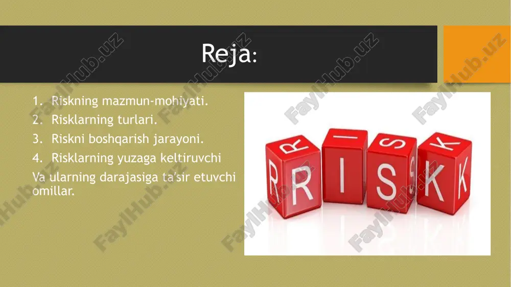 g turlari tarkibi bo`yicha iqtisodiy risk, bozor riski, inflyatsiya riski, valyuta riski, siyosiy risk, ijtimoiy risk, ekologik risk, texnologik risk, marketing riski, moliyaviy risk, kredit riski, bankrotlik riski, ilm-texnika riski, informatsion risk va boshqalar. olinadigan natijaga qarab 1. spekulyativ risk – ular ta`sirida katta zarar yoki katta foyda olish imkoniyati bor. 2. sof risklar – ular ta`sirida nolga teng bo`lgan zarar(foyda) ko`rish mumkin 1. subyektiv – malaka,ish tajribasi,va bilimlarning yetishmasligi, bozor qoidalariga rioya etmasligi. 2.obyektiv-maʼlumotlarning yetishmasligi paydo boʻlish xususiyatiga koʻra koʻlami boʻyicha 1. lokal- alohida firmalar riski 3. hududiy – mamlakat iqtisodiy tumanlari darajadagi tadbirkorlikni qamrab olishi 5. xalqaro – jahon bozor konyukturasining oʻzgarishi bilan bogʻliq risklar. 2. tarmoqlar –tarmoq xususiyati bilan bogʻliq boʻlgan risklar 4. milliy – makroiqtisodiyot darajasida paydo boʻlish sohasiga qarab 1. ichki – korxona iqtisodlashuvi bilan bogʻliq risklar. 2. tashqi – makroiqtisodiy ishlab chiqarishdagi iqtisodiy-siyosiy kutilmagan oʻzgarish natijasida paydo boʻlgan risklar. moliyaviy bozor eng yuqori riskga …