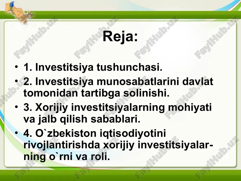 ng investitsiya siyosati. davlatimiz mustaqillikka erishgan yillardan boshlab, bozor iqtisodiyotiga o`tishning o`ziga xos iqtisodiy rivojlanish yo`lidan bormoqda. bu yo`lda investitsiya siyosatining ahamiyati juda katta. chunki investitsiyalar iqtisodiyotda tarkibiy o`zgarishlar, texnik va texnologik yangilanishlar, korxonalarni qayta ta`mirlash ishlarini amalga oshirishni rag`batlantiradi, mamlakat eksport va import salohiyatini oshirishga imkon yaratadi. shu jihatdan o`zbekiston davlati o`z tuzilmaviy investitsiya siyosatini olib bormoqda. tuzilmaviy investitsiya siyosati hududlar, tarmoqlar va korxona investitsiya siyosatlaridan tarkib topib, ular o`zaro bog`liqdir. «investitsiya» atamasi lotin tilidagi «invest» so`zidan kelib chiqqan bo`lib «qo`yish», «mablag`ni safarbar etish», «kapital qo`yilmasi» ma`nosini beradi. keng ma`noda investitsiya mablag`ni ko`paytirib va qaytarib olish maqsadida kapitalni safarbar etishni bildiradi. ko`pgina hollarda «investitsiya» tushunchasi iqtisodiy va boshqa faoliyat ob`ektlariga kiritiladigan moddiy va nomoddiy ne`matlar hamda ularga doir huquqlar tarzida ta`riflanadi. investitsiya deganda barcha turdagi milliy va intelektual boyliklar tushunilib, ular tadbirkorlik faoliyati ob`ektlariga yo`naltirilib daromad keltirishi yoki biror-bir ijobiy samaraga erishishi zarur. investitsiya kiritishdan asosiy maqsad daromad olish …