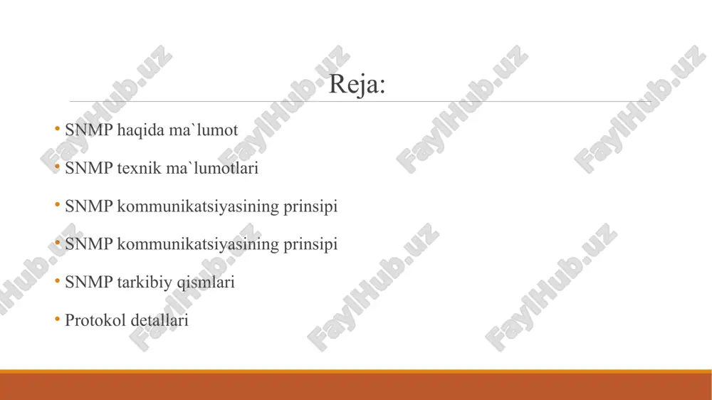 ar turiga mansub bo‘lishi mumkin: ip-telefonlar, ip-videokameralar, kompyuterlar-hostlar, printerlar va boshqalar. agent deb boshqariluvchi yohud boshqarilayotgan qurilma interfeysiga ulangan qurilmada joylashgan tarmoqni boshqaruvchi dasturiy modulga aytiladi. agent axborotni boshqarish bo‘yicha lokal bilimga ega va bu axborotni snmp ga xos bo‘lgan shaklga o‘tkazadi yoki undan undan olib o‘zgartiradi. tarmoq boshqaruv tizimi (nms) tarkibiga boshqarilayotgan qurilmani kuzatuvchi va nazorat qiluvchi ilovalar kiradi. nms tarmoq boshqaruvi uchun zarur bo‘lgan ma’lumotlarni qayta ishlashning asosiy qismini ta’minlaydi. istalgan boshqaruvdagi tarmoqda bitta yoki bir nechta nms bo‘lishi mumkin. protokol detallari snmp tcp/ip ning amaliy pog‘onasida ishlaydi (osi modelining yettinchi pog‘onasi). snmp agenti 161- udp portidan so‘rov qabul qiladi. menejer manbaning istalgan mumkin bo‘lgan portidan agent portiga so‘rov jo‘natishi mumkin. agentdan javob menejerning manbadagi portiga jo‘natiladi. menejer 162-portdan bildirishnoma oladi (traps va inform requests). agent ruhsat bo‘lgan istalgan portdagi bildirishnomani ishlab chiqishi mumkin. foydalanilgan adabiyotlar ru.wikipidea.org ziyonet.uz google.com uz.infocom.uz image2.jpg image3.jpg image4.png