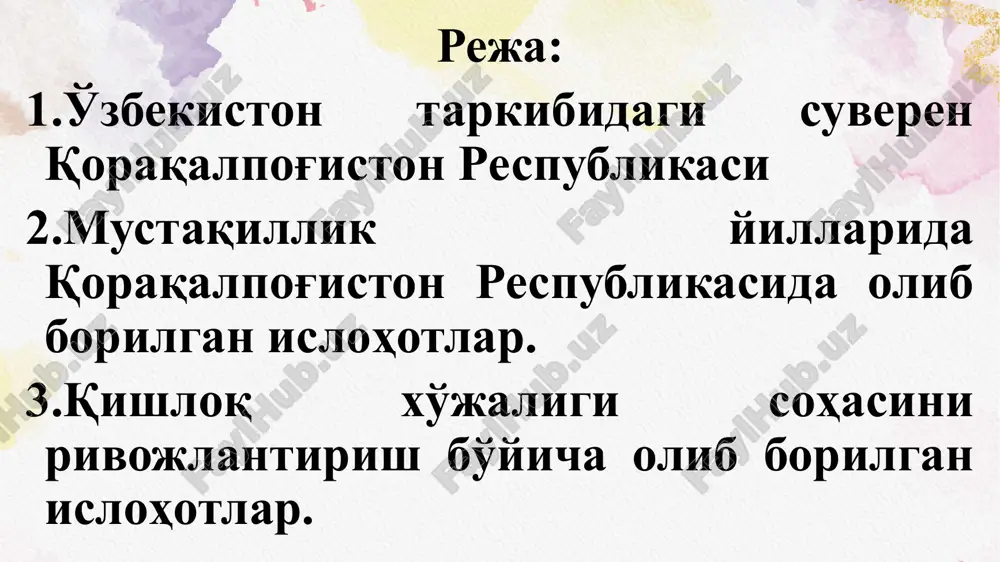 biri qoraqalpog'iston respublikasining vakili bo'ladi. 115-моддасида суд ҳужжатлари ўзбек тили билан бирга қорақалпоқ тилида ҳам олиб борилади. 1992 йил 14 декабрда қорақалпоғистон жўқорғи кенгесининг 11-сессиясида қорақалпоғистон давлат байроғи қабул қилинди. 1993 йил 9 апрелда қорақалпоғистон республикаси жўқорғи кенгесининг 12-сессиясида давлат герби қабул қилди. “қорақалпоғистон республикаси давлат мадҳияси тўғрисида”ги низом 24 декабрь, 1993 йилда қорақалпоғистон республикаси жўқорғи кенгесининг xiv сессиясида қабул қилинган. мадҳия қорақалпоқ халқ шоири ибройим юсупов, бастакор нажимиддин мухаммеддинов томонидан басталанган. 1993 йил 9 апрелда қорақалпоғистон республикаси жўқорғи кенгесининг 12-сессиясида қорақалпоғистон конституциясини қабул қилди. конститутция 6 бўлим, 26 боб, 121-моддадан иборат. 1991 yil 11 noyabrda qoraqalpog'iston respublikasi oliy soveti tomonidan qoraqalpog'iston respublikasining prezidenti lovozimi joriy qilinadi. ushbu lavozimni davlatboy shamshetov egalladi. ammo bu lavozim 1992 yil 20 iyunda tugatildi va uning o‘rnida qoraqalpog'iston jo'qorg'i kengesi raisi lavozimi joriy qilindi. o'zbekiston respublikasi oliy majlisi va o'zbekiston respublikasi prezidenti huzurida qoraqalpog'iston respublikasining huquqiy vakilligi mavjud. 1992 yil 9 yanvarda qoraqalpog'iston respublikasi …