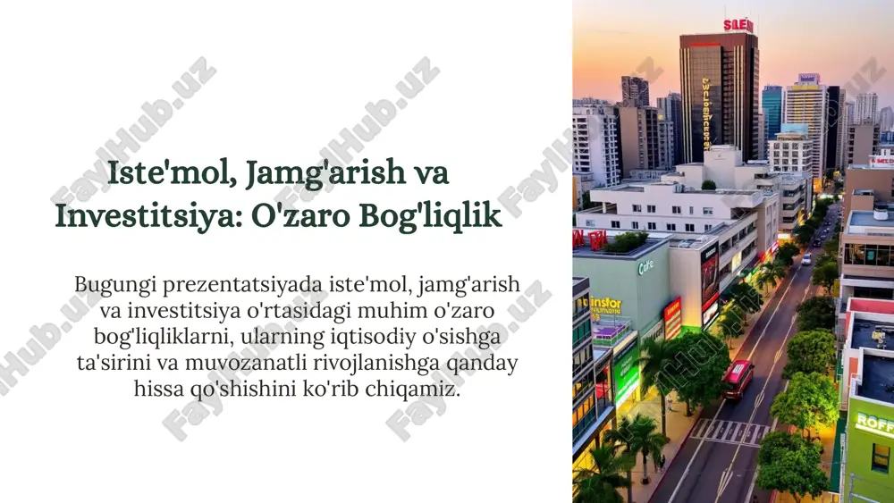 'naltirish. 3 iqtisodiy o'sish ish o'rinlari, texnologiyalar, samaradorlik orqali ta'minlash. 7 iste'mol, jamg'arish va investitsiyalarni tartibga solishning roli 1 davlat siyosati soliqlar, subsidiyalar orqali iqtisodiy faollikni tartibga solish. 2 markaziy bank foiz stavkalari va pul massasini boshqarish orqali investitsiyalarni rag'batlantirish. 3 qonunchilik moliyaviy bozorlarni tartibga solish, iste'molchilarni himoya qilish. 8 iste'mol, jamg'arish va investitsiya siyosatining asosiy tamoyillari barqarorlik uzoq muddatli o'sish va taraqqiyotni ta'minlash. adolat barcha aholining iqtisodiy imkoniyatlaridan foydalanishini ta'minlash. samaradorlik resurslarni samarali ishlatish, iqtisodiy o'sishni maksimal darajaga ko'tarish. 9 yalpi ichki mahsulotdagi iste'mol, jamg'arish va investitsiya ulushining tahlili 50% iste'mol yimning eng katta qismini tashkil etadi. 20% investitsiya iqtisodiy o'sishga qo'shgan hissasini aks ettiradi. 10% jamg'arish kelajakdagi investitsiyalar uchun moliyaviy bazani shakllantiradi. 10 xulosa va tavsiyalar iste'mol, jamg'arish va investitsiya o'zaro bog'liq va bir-birini to'ldiruvchi jarayonlardir. ularning muvozanatli rivojlanishi iqtisodiy o'sishga, ish o'rinlari yaratishga, texnologiya va ishlab chiqarishni rivojlantirishga hissa qo'shadi. 11 e'tiboringiz uchun rahmat! test: 1. iste'mol …