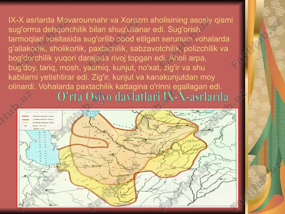 a'yonlari, ruhoniylar, mulkdor dehqonzodalar va davlatmand savdogarlarning hashamatli qasrlari, qurol-yarog', asbob, egar-jabduq yasaydigan ustaxonalar, hunarmandchilik do'konlari va savdo rastalari joylashgan samarqandda yuqori navli qog'oz ishlab chiqarilar edi. shosh o'zining ko`nchilik mahsulotlari va charm mollari bilan, eloq esa kumush va qo'rg'oshin konlari hamda kumush tanga chiqaradigan zarbxonasi bilan mashhur edi. xorazmda qayiqsozlik taraqqiy topadi. xorazm va termizda yasalgan qayiqlar amudaryo bo'ylab to orol dengizigacha muttasil mol tashib savdogarlarning yukini yengil, uzog'ini yaqin qilgan. bu davrda shaharlar bilan bir qatorda qishloqlar ham mamlakatning iqtisodiy hayotida katta o'ringa ega edi. buxoroning zandana qishlog'ida to'qilgan mallarang bo'z «zandanachi», samarqandning vador qishlog'ida tayyorlangan mato «vadoriy» nomlari bilan sharqda mashhur edi. movarounnahrning tog'li mintaqalarida qadimdan davom qilib kelayotgan konchilik ix-x asrlarda nihoyat darajada taraqqiy qiladi. zarafshon tog'larida temir, mis, qo`rg'oshin, oltin, kumush, feruza va boshqa qimmatbaho toshlar, ma'danlar qazib olinardi. eloq viloyati kumush va qo'rg'oshinlarni qazib olishning yirik markazlaridan biri edi. farg'ona vodiysi tog'laridan temir, qo`rg`oshin, …