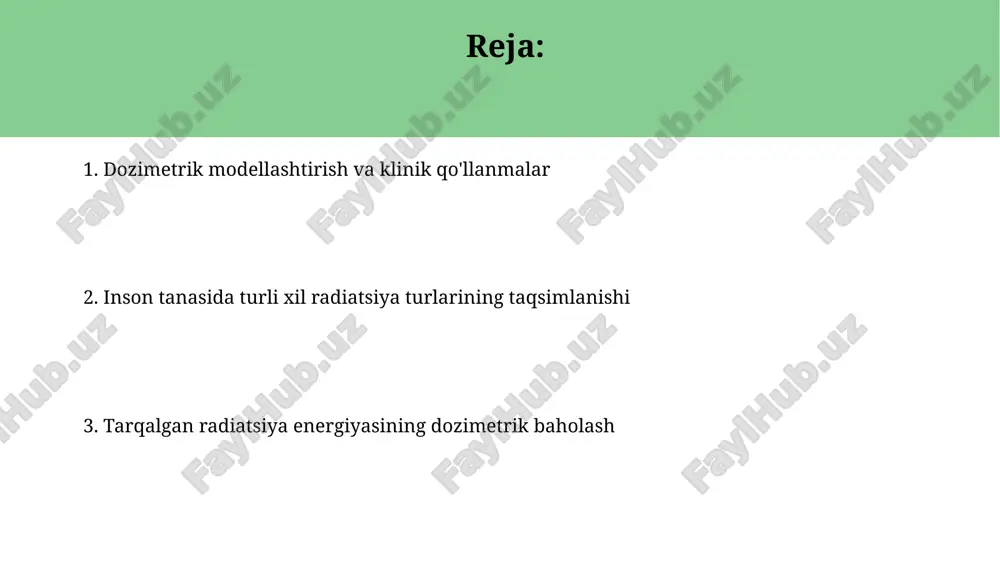 kasallikka olib kelishi mumkin. himoya choralari sifatida qo'rg'oshinli apronlar va boshqa shaxsiy himoya vositalaridan foydalanish tavsiya etiladi. to'qimalarning radiatsiyaga sezuvchanligi radiatsiya ta'sirida dnk shikastlanishi natijasida to'qimalarning sezuvchanligi individual farqlarga ega, genetik omillar va immunitet holati 1,5-2 barobar farqni keltirib chiqarishi mumkin. to'qimalarning radiatsiyaga sezuvchanligi hujayralarni yangilanish tezligiga bog'liq bo'lib, tez ko'payadigan hujayralar (masalan, suyak ko'migi, ichak shilliq qavati) 0,5-2 gy dozada o'limga olib kelishi mumkin. tarqalgan radiatsiya energiyasining dozimetrik baholash differentsial dozimetriya usullari, masalan, termoluminestsent dozimetrlari (tld) yordamida 1 msv dan past dozalarni aniq oʻlchash imkonini beradi. suyak toʻqimasida tarqalgan radiatsiyaning dozasi yumshoq toʻqimalarga nisbatan 2-3 marta yuqori boʻlishi mumkin, bu esa dozimetrik hisob-kitoblarda hisobga olinishi kerak. energiya taqsimoti modellari energiya taqsimoti modellari monte-karlo usuli yordamida 10⁶ dan ortiq fotonlarni simulyatsiya qilish orqali aniqroq dozimetrik natijalar beradi. fano faktorining (taxminan 0.17) hisobga olinishi, ionlashtiruvchi nurlanish ta'sirida energiya taqsimoti noaniqliklarini kamaytiradi va aniqroq dozimetrik modellashtirishni ta'minlaydi. ionlashtiruvchi radiatsiya turlari neytron radiatsiyasi …