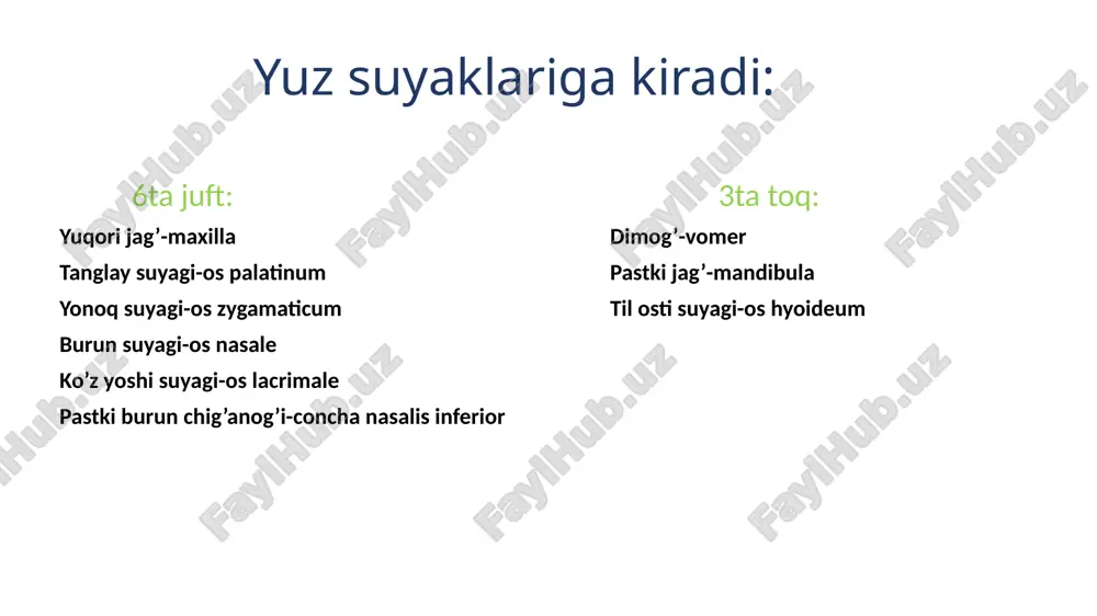 s burun yuzasida 2 ta qirrasi bor: 1)crista ethmoidalis –concha nasalis media bilan birlashadi. 2)crista conchalis –concha nasalis inferior bilan birlashadi. burun yuzasining yuqori qismida 2ta o’simtasi bo’ladi 1)processus sphenoidalis 2)processus orbitalis bu o’simtalar orasida o’yma –incisura sphenopalatina bo’ladi. bu o’simtalarga ponasimon suyakning tanasi birikishidan o’yma teshikka aylanib qoladi ya’ni foramen sphenopalatinum hosil bo’ladi va yuqori burun yo’liga ochiladi. yuqori jag’ yuzasida sulcus palatinus major bo’lib ,u yuqori jag’ suyagidagi sulcus palatinus major bilan qo’shilib ,canalis palatinus major ni hasil qiladi.bu kanal og’iz bo’shlig’iga ochiladi. yonoq suyagi os zygomaticum ko’z kosasining lateral devorini hosil qilishda qatnashadi. 3ta suyak bilan birlashgani uchun 3ta o’simtasi bor: 1)processus frontalis 2)processus maxillaris 3) processus temporalis processus temporalis chakka suyagidagi processus zygomaticus bilan qo’shilib ,arcus zygomaticus ni hosil qiladi. 3ta yuzasi bor : 1)facies lateralis 2)facies orbitalis 3)facies temporalis 3ta teshigi bor: 1)foramen zygomaticofacialis 2)foramen zygomaticoorbitalis 3)foramen zygomaticotemporalis burun suyagi os nasale juft suyak bo’lib …