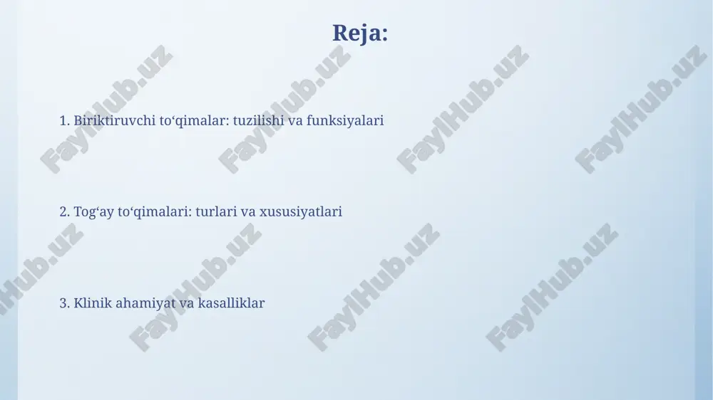 imasi tana vaznining taxminan 7-8% ini tashkil etadi, tarkibida plazma (55%) va shaklli elementlar, masalan, eritrotsitlar (4-6 million/mm³), leykotsitlar va trombotsitlar mavjud. qonning asosiy vazifalaridan biri – gaz almashinuvini ta'minlashdir, eritrotsitlar gemoglobin orqali kislorodni o'pkadan to'qimalarga, karbonat angidridni esa to'qimalardan o'pkaga tashishadi. yog' to'qimasi yog' to'qimasi, yoki adipoz to'qima, teri ostida va organlar atrofida joylashgan bo'lib, energiya zahirasi sifatida triglitseridlarni saqlaydi hamda issiqlik izolatsiyasini ta'minlaydi. adipotsitlar, yog' to'qimasining asosiy hujayralari, o'rtacha diametri 50 dan 150 mikrometrgacha bo'lgan yirik, dumaloq shakldagi hujayralar bo'lib, lipid tomchisi bilan to'lgan. fibroz biriktiruvchi to'qima fibroz biriktiruvchi to'qima asosan kollagen tolalaridan iborat bo'lib, 1.5 dan 3 mkm gacha diametrga ega, bu unga yuqori kuchlanishga chidamlilikni beradi. ushbu to'qima tarkibida fibroblastlar mavjud bo'lib, ular kollagen va elastik tolalar sintezini ta'minlaydi, bu esa to'qimaning 10-15% massasini tashkil qilishi mumkin. elastik biriktiruvchi to'qima elastik biriktiruvchi to'qima, ligamentlarda va o'murtqa pog'onasida ko'p bo'lib, 70-80% elastik tolalaridan tashkil topgan bo'lib, katta …