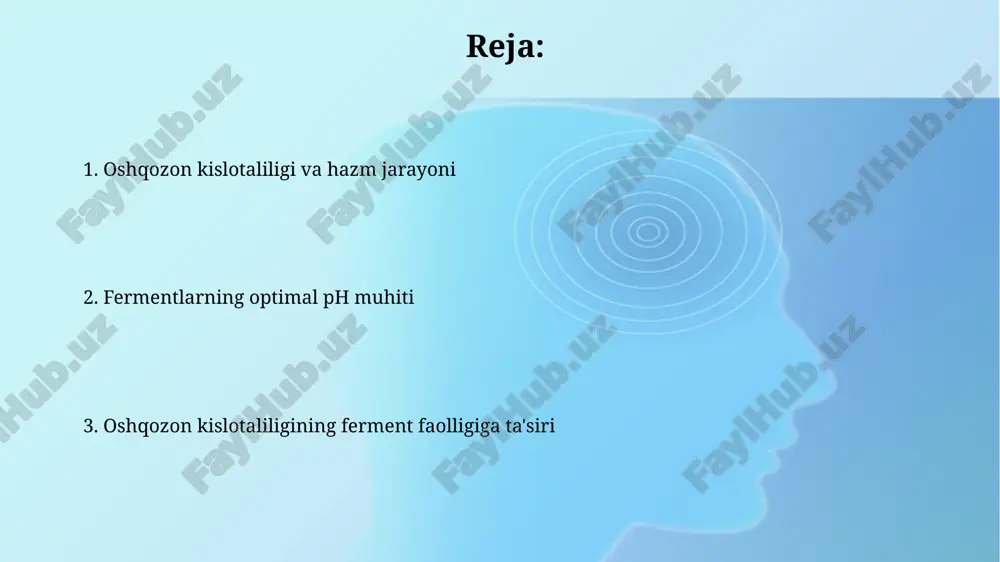 uqori kislotalilik darajasi ularning tuzilishini buzadi. kislotalilikning oshishi kislotalilikning oshishi pepsin faolligini 2-3 baravar oshirishi mumkin, ammo ph 7 dan yuqori bo'lganda, uning optimal faolligi pasayadi. ph darajasi 1-2 ga yetganda, kislotalilikning oshishi ko'plab oshqozon fermentlari denaturatsiyasiga olib kelishi mumkin, natijada ularning faolligi yo'qoladi. ph ning ahamiyati aksincha, juda past ph (2 dan past) ham ba’zi oshqozon fermentlarining faolligini inhibe qilishi mumkin, chunki ularning optimal ishlashi uchun ma’lum bir ph diapazoni kerak. osh me’da sharbatining optimal ph darajasi 1,5 dan 3,5 gacha boʻlib, pepsin fermentining maksimal faolligini ta’minlaydi, bu oqsillarni hazm qilish uchun juda muhimdir. kelajakdagi tadqiqotlar oshqozon kislotaligining ferment faolligiga ta'sirini inson organizmida aniqlash uchun 50 dan ortiq ishtirokchilarni qamrab oluvchi klinik sinovlarni oʻtkazish va natijalarni statistik tahlil qilish kerak. ph darajasining 1, 2 va 3 birliklaridagi oʻzgarishlari ta'sirida fermentlarning ikkilamchi va uchlamchi strukturaviy oʻzgarishlarini aniqlash uchun spektroskopik usullarni qoʻllash orqali batafsil tadqiqotlarni amalga oshirish lozim. kislotalilikning pasayishi kislotalilikning …