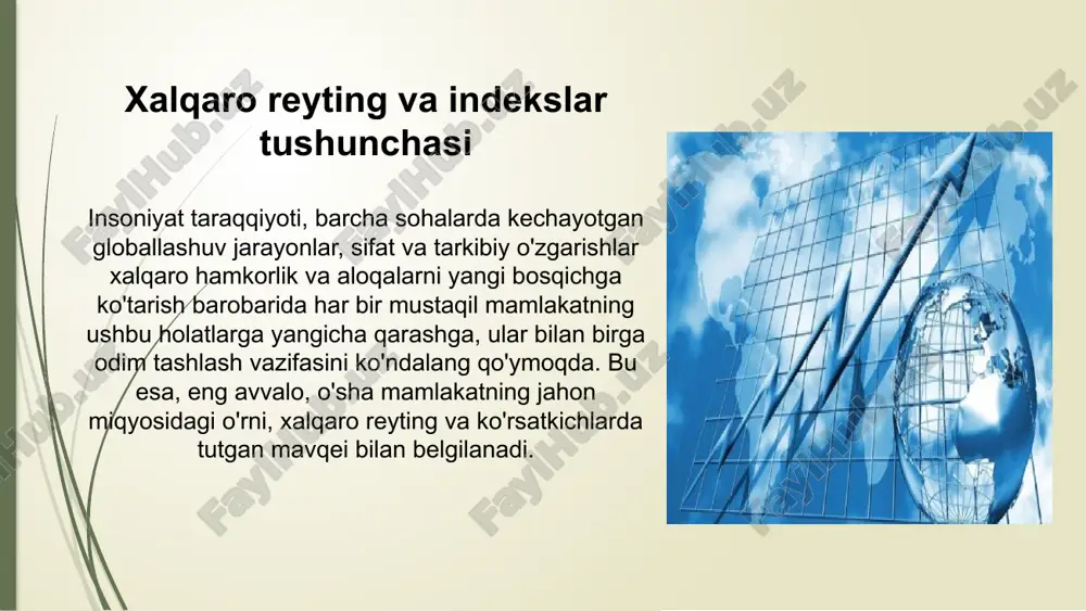 a oshirildi va bu mamlakatda ijtimoiy barqarorlikni ta’minlashga yordam berdi. xalqaro huquq va inson huquqlari tashkilotlari tomonidan qo‘llab-quvvatlangan bu islohotlar mamlakatning ijtimoiy rivojlanishiga katta hissa qo‘shdi.o‘zbekistonning matbuot va so‘z erkinligi sohasidagi yutuqlari ham ijobiy baholandi. so‘z va matbuot erkinligini ta’minlash bo‘yicha amalga oshirilgan islohotlar “pressfreedom index”da o‘zbekistonning o‘rinini 19 pog‘onaga yuqorilashiga olib keldi. bu jarayon o‘zbekistonning xalqaro sahnadagi imijini mustahkamlashga xizmat qildi va respublikada jurnalistlar uchun xavfsiz muhit yaratishga yordam berdi iqtisodiy islohotlar va globalr eytinglardagi o‘zgarishlar. o‘zbekistonningiqtisodiyislohotlari, ayniqsa, biznesmuhitiningyaxshilanishivainvestitsiyajalbqilishgaqaratilgansa’y-harakatlar, xalqaroreytinglardayuqoribaholandi. jahon bankining “doing business” reytingida mamlakatning pozitsiyasi sezilarli darajada yaxshilandi. 2016-yildan boshlab amalga oshirilgan islohotlar biznesni boshlash, soliqlarni to‘lash, imtiyozlar va byurokratik to‘siqlarni kamaytirish kabi sohalarda katta ijobiy o‘zgarishlarni keltirib chiqardi. 2020-yilda o‘zbekiston 190 mamlakat ichida 69-o‘rinni egalladi.texnologik rivojlanish va innovatsiyalar sohasidagi islohotlar o‘zbekistonning global innovatsiyalar indeksida yuqorilashiga sabab bo‘ldi. 2022-yilda o‘zbekiston innovatsiyalar sohasida 7 pog‘ona yuqoriladi. innovatsiya, raqamli texnologiyalarni rivojlantirish va ilmiy tadqiqotlarga qaratilgan investitsiyalar mamlakat iqtisodiy o‘sishining …