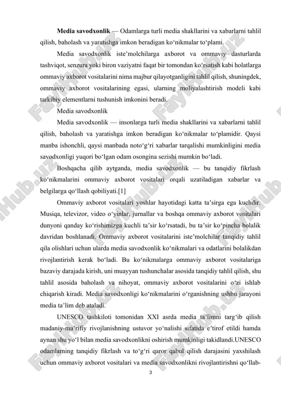 eʼtirof etildi hamda aynan shu yoʻl bilan media savodxonlikni oshirish mumkinligi takidlandi.unesco odamlarning tanqidiy fikrlash va toʻgʻri qaror qabul qilish darajasini yaxshilash uchun ommaviy axborot vositalari va media savodxonlikni rivojlantirishni qoʻllab-quvvatlaydi. tashkilot, ayniqsa, siyosatchilar, oʻqituvchilar, ommaviy axborot vositalari mutaxassislari, yoshlar tashkilotlari va ushbu sohadagi nochor aholi qatlamlarining salohiyatini oshirishga intiladi, aʼzo davlatlarga milliy ommaviy axborot vositalari va axborot savodxonligi siyosati va strategiyalarini shakllantirishda yordam beradi. media savodxonlikni oʻrganadigan eng qadimgi tashkilot bu national telemedia council (milliy telemedia kengashi) viskonsin shtatining madison shahrida joylashgan va marieli rou 50 yildan ortiq rahbarlik qilgan. tashkilot dastlab „telemedium“ deb nomlanuvchi media savodxonlik jurnalini nashr ettirgan. dunyoning turli mamlakatlarida media savodxonlik boʻyicha dasturlar ishlab chiqilgan. hozir ushbu dasturlarni davlatlar kesimida koʻrib chiqamiz. turli mamlakatlarda media savodxonlikni oshirish boʻyicha bajarilgan ishlar amerika qoʻshma shtatlari aqshda media savodxonlikni oshirish boʻyicha bir-nechta federal agentliklar tomonidan dasturlar ishlab chiqilgan. masalan, aqsh federal savdo komissiyasi tomonidan ishlab chiqilgan admongo dasturi …