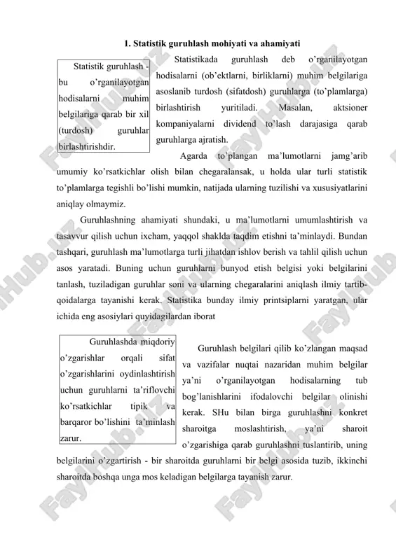 ashni konkret sharoitga moslashtirish, ya’ni sharoit o’zgarishiga qarab guruhlashni tuslantirib, uning belgilarini o’zgartirish - bir sharoitda guruhlarni bir belgi asosida tuzib, ikkinchi sharoitda boshqa unga mos keladigan belgilarga tayanish zarur. 2. miqdoriy belgi bo’yicha guruhlashni tuzish printsiplari ayrim guruhlarni ta’riflovchi ko’rsatkichlar tipik va barqaror bo’lishi uchun ularga mansubli birliklar soni yetarli miqdorda bo’lishi kerak. ayrim guruhlar uchun hisoblanadigan umumiy ko’rsatkichlar tipik va barqaror bo’lishini ta’minlash uchun har bir guruhga tegishli birliklar soni yetarli miqdorda (5 birlikdan kam bo’lmasligi) bo’lishi kerak, chunki bu holda umumiy ko’rsatkichlarda tasodifiy kuchlar ta’siri o’zaro qirqiladi va qonuniyat, tipik jihat yaxshiroq namoyon bo’ladi. guruhlar soni ko’p - variantli yechim asosida belgilanishi ke-rak. guruhlar sonini to’g’ri belgilash guruhlash samarali bo’lishi uchun muhim garovdir. bu masalani ko’pvariantlik qoidaga tayanib yechish eng yaxshi yo’l hisoblanadi. ayrim darsliklarda [4] guruhlar sonini g.a. sterjess formulasi va g. bruks hamda n. karuzers formulasi kq5lgn (bu yerda: lg - o’nlik logarifm, ln - …