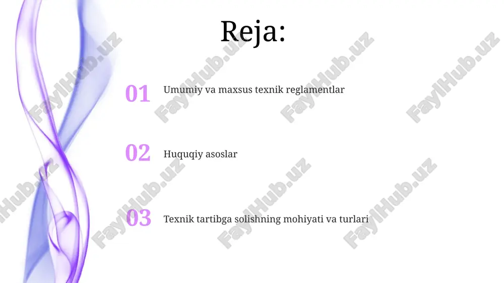ekshirish va sertifikatlash uchun muhimdir. texnik reglamentning mohiyati va ahamiyati texnik reglamentlar mahsulot xavfsizligini ta'minlash, inson hayoti va sog'lig'ini himoya qilish uchun majburiy talablarni belgilaydi, bu esa 120 dan ortiq xavfni kamaytiradi. texnik reglamentlar 996-sonli qarorga muvofiq ishlab chiqiladi va standartlashtirish bo'yicha 15 dan ortiq davlatlararo kelishuvlarni bajarishni ta'minlaydi. texnik reglamentlar sohasidagi xalqaro hamkorlik oʻzbekiston mdh doirasida texnik reglamentlar sohasida faol hamkorlik qiladi, bunda texnik reglamentlarni uygʻunlashtirish va oʻzaro tan olish boʻyicha ishlar olib borilmoqda. texnik reglamentlar sohasidagi xalqaro hamkorlikda jahon savdo tashkiloti (jst)ning tbt kelishuvi muhim rol oʻynaydi, bu kelishuv savdoda texnik toʻsiqlarni kamaytirishga qaratilgan. maxsus texnik reglamentlar: tavsifi va misollar ushbu reglamentlar umumiy reglamentlarda ko'zda tutilmagan qo'shimcha talablarni o'z ichiga oladi, masalan, radiatsiya xavfsizligi bo'yicha 303-sonli reglamentda alohida standartlar mavjud. maxsus reglamentlar qonun hujjatlari asosida ishlab chiqiladi va qabul qilinadi, masalan, «texnik jihatdan tartibga solish to’g’risida»gi 42-sonli qonun ularning huquqiy asosi hisoblanadi. umumiy texnik reglamentlar: tavsifi va misollar …
