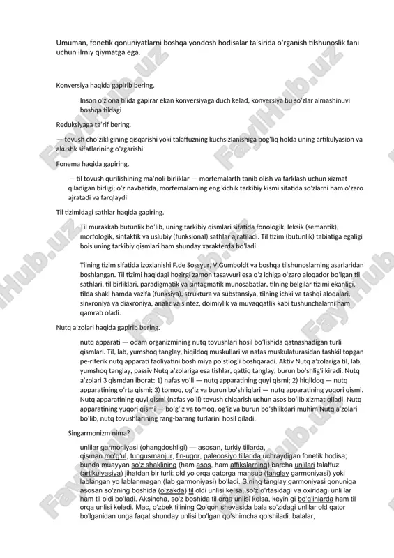 tizim (butunlik) tabiatiga egaligi bois uning tarkibiy qismlari ham shunday xarakterda boʻladi. tilning tizim sifatida izoxlanishi f.de sossyur, v.gumboldt va boshqa tilshunoslarning asarlaridan boshlangan. til tizimi haqidagi hozirgi zamon tasavvuri esa oʻz ichiga oʻzaro aloqador boʻlgan til sathlari, til birliklari, paradigmatik va sintagmatik munosabatlar, tilning belgilar tizimi ekanligi, tilda shakl hamda vazifa (funksiya), struktura va substansiya, tilning ichki va tashqi aloqalari, sinxroniya va diaxroniya, analiz va sintez, doimiylik va muvaqqatlik kabi tushunchalarni ham qamrab oladi. nutq a’zolari haqida gapirib bering. nutq apparati — odam organizmining nutq tovushlari hosil boʻlishida qatnashadigan turli qismlari. til, lab, yumshoq tanglay, hiqildoq muskullari va nafas muskulaturasidan tashkil topgan pe-riferik nutq apparati faoliyatini bosh miya poʻstlogʻi boshqaradi. aktiv nutq aʼzolariga til, lab, yumshoq tanglay, passiv nutq aʼzolariga esa tishlar, qattiq tanglay, burun boʻshligʻi kiradi. nutq aʼzolari 3 qismdan iborat: 1) nafas yoʻli — nutq apparatining quyi qismi; 2) hiqildoq — nutq apparatining oʻrta qismi; 3) tomoq, …