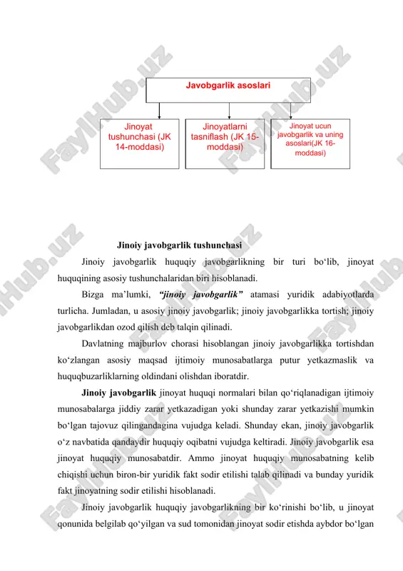urlicha ta’rif beriladi. jinoiy javobgarlik tushunchasi umumiy jihatdan davlat va jinoyat sodir etgan shaxs o‘rtasida kelib chiqadigan jinoiy huquqiy munosabat sifatida tushuniladi. bunda davlatda jinoyat sodir qilgan shaxsga nisbatan jinoiy huquqiy ta’sir chorasini qo‘llash huquqi vujudga keladi. jinoyat sodir qilgan shaxsga nisbatan faqat shu huquqbuzarlik uchun sanksiyada belgilangan jazo chorasini qo‘llash majburiyati vujudga keladi va unga nisbatan xuddi shunday ta’sir chorasi qo‘llaniladi. jinoiy javobgarlik tushunchasini talqin qilishda uchta nazariya ahamiyatlidir: birinchi nazariya jinoyat sodir etgan shaxsga nisbatan jinoiy javobgarlik shaxsiy yoki mulkiy xususiyatdagi ta’sir chorasi ekanligini ifodalaydi. bu tushuncha ilmiy adabiyotlar va darsliklarda qayd etilgan. ikkinchi nazariya jinoiy javobgarlik jinoyat qonunchiligida ko‘rsatilgan davlat majburlov chorasi sifatida tushunadi, ya’ni aybdorga nisbatan sudlanganlik oqibatini keltirib chiqaruvchi majburlov chorasi qo‘llaniladi. uchinchi nazariyada jinoiy javobgarlik deganda, barcha jinoyat huquqiy munosabatlarni, shuningdek,, shaxs va davlat o‘rtasidagi(huquqni muhofaza etuvchi organlar timsolida) munosabatlar tushuniladi. i.y. kozachenkoning fikricha: “jinoiy javobgarlik – bu shaxs jinoyat sodir etgan vaqtdan boshlab …