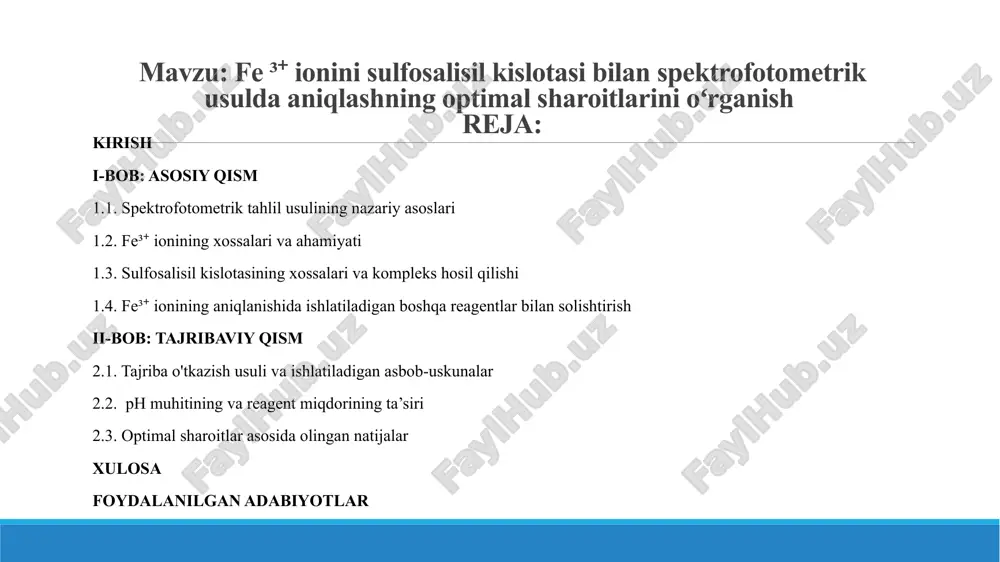 ε - molyar yutilish koeffitsiyenti, c - eritmadagi moddaning konsentratsiyasi l - nurning eritma orqali o‘tish yo‘li uzunligi. molekulyar orbitallar energetik sathlarining nisbiy joylashishi va elektron o‘tishlarning turlari. ushbu rasmdan ko‘rinayaptiki, molekulyar orbitallar orasidagi hamma o‘tishlar ham amalga oshavermaydi. tanlash qoidalariga ko‘ra, bittadan ko‘p elektronni qo‘zg‘atish bilan bo‘ladigan o‘tishlar taqiqlangan, shuningdek turli xil multipletlikka (elektronlar spinlari yig‘indisi har xil qiymatlarga ega bo‘lgan) ega bo‘lgan holatlar orasidagi o‘tishlar ham taqiqlangan. bundan tashqari orbitallarning simmetriyasiga asoslangan tanlash qoidalari ham mavjud. xususan shu sababga ko‘ra o‘tish metallarining komplekslaridagi d  d * va f  f * o‘tishlar ham taqiqlangan. ammo, turli tuman kvant-mexanik effektlar hisobiga taqiqlashlar qisman olinishi mumkin va bu o‘tishlar kam ehtimoliyat bilan bo‘lishi mumkin. shunday qilib, elektron yutilish spektri polosalarining intensivligi keng oraliqda o‘zgarishi mumkin. temir (iii) ionlari temirning uch valentli shakli bo'lib, uning elektron konfiguratsiyasi 3d⁵ 4s⁰. bu ionda temir atomi uchta elektronini yo'qotgan bo'lib, fe³⁺ shakli hosil …