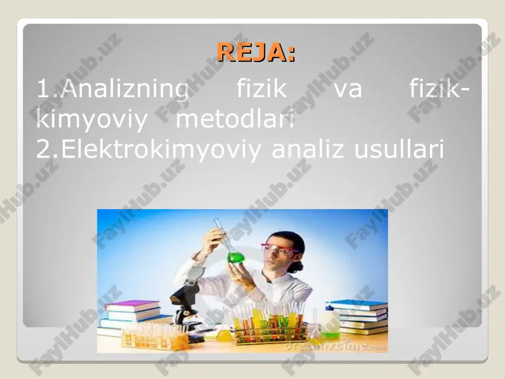qlashni o’tkazish osonlashadi. buning uchun dastlab aniqlanuvchi elektrolit konsentrasiyalari ma’lum bo’lgan eritmalarniyag elektr o’tkazuvchanligini o’lchash yo’li bilan kalibrlangan grafik tuziladi. so’ngra tekshirilayotgan eritmaning elektr o’tkazuvchanligi o’lchanadi va kalibrlangan grafikdan foydalanib ayni elektr o’tkazuvchanlikka muvofiq keluvchi konsentrasiya topiladi. polyarografik analiz usuli ham tekshirilayotgan eritmani elektroliz qilishga asoslangan. bunda polyarografdan foydalaniladi. polyarograflar avtomatik ravishda vol’tamper bog’lanishinn chiza oladi. u kuchlanishning ko’tarilishi bilan diffuzion tok kuchining o’zgarishidan iborat bog’lanishni ifodalaydi. ana shu bog’lanish xarakteriga ko’ra eritmada kationlarning mavjudligi va ularning miqdori haqida xulosa chiqariladi. polyarografiya usuli, yuqorida eslatib o’tilgan maqsadlardan tashqari eritmalarni titrlash jarayonida ekvivalent nuqtani aniqlashda ham qo’llaniladi. bu usul 1922 yilda chex olimi ya. geyrovskiy tomonidan taklif etilgan. elektrogravimetriya usuli aniqlanayotgan elementni (yoki moddani) elektroliz yordamida elektrod yuzasida cho’ktirishga asoslangan. bunda elektrod yuzasi tozalanadi va uning massasi o’lchanadi, so’ng tekshirilayotgan eritmaga tushiriladi, elektrodlarga o’zgarmas tok beriladi, elektroliz tugagandan so’ng elektrodning massasi yana aniqlanadi. elektrod massalarining farqidan foydalanib, eritmadagi element (yoki modda) …