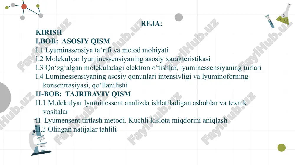 ziga qarab lyuminessensiya usullarini turlarga bo‘lish qo‘zg‘atish manbai qo‘zg‘atish manbai spektrning ko‘rinuvchi va ultrabinafsha qismlariga to‘g‘ri keluvchi elektromagnit nurlar elektronlar oqimi (katod nurlari) ishqoriy metallar ionlarining oqimi rentgen nurlari radioaktiv nurlar issiqlik energiyasi mexanik ta’sir fotolyuminessensiya katodolyuminessensiya ionolyuminessensiya rentgenolyuminessensiya radiolyuminessensiya kandolyuminessiya tribolyuminessensiya molekulyar lyuminessensiyani qancha vaqt davom etishiga va spektrining tarkibiga qarab qisqa vaqt davom etadigan va sekin fluoressensiya hamda fosforessensiyalarga bo‘lish mumkin. bunday lyuminessensiya turlarining paydo bo‘lishini tushunish uchun, qo‘zg‘atuvchi yorug‘likni yutgan molekulada qanday o‘tishlar bo‘lishini qarash kerak. buning uchun quyidagi 1.3.1-rasmda keltirilgan molekula energetik sathlarining sxemasiga qaraymiz. molekulaning energetik sathlari va ular orasdagi o‘tishlarning diagrammasi. s0 – asosiy singlet holat; s1 va s2 – birinchi va ikkinchi qo‘zg‘algan singlet holatlar; t1 – qo‘zg‘algan triplet holat. juft sonli elektronlarga ega bo‘lgan molekulaning asosiy elektron holati singlet bo‘ladi va u s0 deb belgilanadi. bunday holatda hamma elektronlar juftlashgan, ularning spinlari esa antiparallel va molekulaning energiyasi eng kam bo‘ladi. shunday holatda …