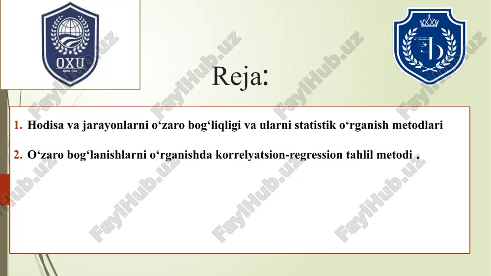 n tovarlarning miqdoriy hisob-kitobi olib boriladi. aholida tovarlar sotilishining hisob-kitobi savdoda xarajat talabchanligini o‘rganishda juda muhim ma’lumotdir. komponentali bog‘lanish. ko‘rsatkichlarning komponentli bog‘lanishi ko‘paytuvchi shaklida ko‘rsatkichga kirgan alohida komponentlarning o‘zgarishi natijasida statistik ko‘rsatkichning o‘zgarishini ifodalaydi. bu aloqa turiga, biz o‘zaro bog‘liq indekslarni kiritishimiz mumkin. masalan, haqiqiy baholardagi tovar oboroti indeksi baho va tovarlar fizik hajmi indeksi ko‘paytmasiga teng. bu metodning muhim amaliy ahamiyati shundaki, umumiy ko‘rsatkichda noma’lum bo‘lgan komponentning miqdorini ham aniqlash mumkin. masalan, tovarlar fizik hajmi umumiy indeksini hisoblash uchun haqiqiy baholardagi tovar oboroti indeksini baho indeksiga nisbati olinadi. omilli bog‘lanishda ikki belgi: omil va natijaviy belgi qatnashadi va bu bog‘lanish turi faqat variatsion qatorlarda uchrashi mumkin. o‘z xarakteri bo‘yicha bog‘lanishning bu turi sabab-oqibat bog‘liqligi bo‘ladi. omilli aloqalar o‘z navbatida funksional va korrelyatsion bog‘lanishlarga bo‘linadi. funktsional bog‘lanishda bir o‘zgaruvchi belgining har qaysi qiymatiga boshqa o‘zgaruvchi belgining aniq bitta qiymati mos keladi. bunday bog‘lanishning muhim xususiyati shundaki, bunda hamma omillarning to‘liq …