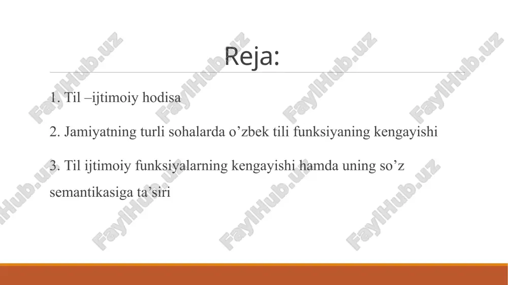 ili asosiy ta’lim tili sifatida faoliyat yuritmoqda. oliy ta’lim muassasalarida o‘zbek tilida olib boriladigan darslar soni tobora ortib bormoqda. ilmiy maqolalar, monografiyalar, darsliklar o‘zbek tilida yaratilmoqda, xalqaro ilmiy bazalarda o‘zbek tilidagi maqolalarni joylashtirish bo‘yicha ham ishlar amalga oshirilmoqda. madaniyat va ommaviy axborot vositalarida o‘zbek tilining mavqei tobora mustahkamlanmoqda. bugungi kunda yuzlab telekanallar, radiostansiyalar, internet nashrlari va ijtimoiy tarmoqlarda faoliyat yuritayotgan sahifalar o‘zbek tilida ommaga murojaat qilmoqda. shuningdek, xalqaro maydonda ham o‘zbek tili obro‘sini oshirishga qaratilgan ishlar olib borilmoqda. masalan, 2020-yildan boshlab birlashgan millatlar tashkilotida o‘zbek tilida nutq so‘zlash, xalqaro konferensiyalarda tarjima xizmatlari joriy qilinishi – tilning xalqaro miqyosdagi mavqeining oshib borayotganidan dalolat beradi. 3. til ijtimoiy funksiyalarning kengayishi hamda uning so‘z semantikasiga ta’siri jamiyat hayoti qanchalik murakkablashsa, til ham shunchalik boyib boradi. har bir yangi ijtimoiy munosabat yoki texnologik yangilik tilda o‘z aksini topadi. bu jarayon ikki yo‘l bilan kechadi: yangi so‘zlarning yaratilishi va mavjud so‘zlarning ma’nosining kengayishi. masalan, “dastur” …