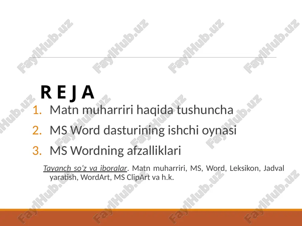 al ko’rinishida ifodalash va tahlil kilish giperssilka imkoniyatlari ms word da ms excel dasturini ishlatish imkoniyatlari axborotni tahlil qilish jarayoni ms wordning afzalliklari matnli axborotlarga to’lokonli ishlov berish imkonini beradi operatsion tizim ichidagi barcha offislar uzviy bogliqligi dizayn grafik imkoniyati ko’pligidir va h.q. adabiyotlar royhati kenjaboev va boshqalar. informatika va axborot texnologiyalari. t.: “iqtisod moliya”.2013 – 160 bet. b.begalov va bosqalar. informatika va axborot texnologiyalari.t.: noshir. 2010 -996 bet axborot texnologiyalari/ m.aripov, b.begalov, sh.begimqulov,m.mamarajabov.-t.2009.-368 bet. e’tiboringiz uchun raxmat image3.png image4.png image5.png image6.png image7.jpeg image8.png image9.png image10.png image11.png image12.png image13.gif image14.png image15.jpeg image16.png image17.png image18.png image19.jpeg image20.png image21.png image22.png image23.png image24.png image2.jpeg /docprops/thumbnail.jpeg