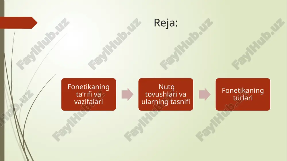 bo‘shlig‘ida biror to‘siqqa uchragan holda hosil bo‘ladigan tovushlar. ular bo‘g‘in hosil qila olmaydi, lekin so‘z tarkibida asosiy rol o‘ynaydi. undoshlarning tasnifi: jarangdorligiga ko‘ra: jarangli: b, d, g, j jarangsiz: p, t, k, s, sh jarangsiz–jarangli juftlar: p–b, t–d, k–g paydo bo‘lish joyiga ko‘ra: lab undoshlari: b, p, m til oldi undoshlari: t, d, s, z, n til orqa undoshlari: k, g, ng paydo bo‘lish usuliga ko‘ra: portlovchi: p, b, t, d sirrali (sirg‘aluvchi): s, z, sh burun tovushlari: m, n qattiq/g‘ovak tovushlar: l, r muhim eslatma: har bir til o‘ziga xos tovush tizimiga ega. o‘zbek tilining fonetik tizimi 6 ta unli va 23 ta undosh asosida shakllangan. fonetikaning turlari 1. artikulyator (talaffuz) fonetika bu tur nutq tovushlarining hosil bo‘lish jarayonini o‘rganadi. asosiy e’tibor og‘iz bo‘shlig‘i, til, lab, tanglay, ovoz bog‘lamlari va boshqa nutq a’zolarining ishtirokiga qaratiladi. masalan: unli va undosh tovushlar qanday hosil bo‘ladi, talaffuzdagi farqlar nima sababli yuzaga keladi. …