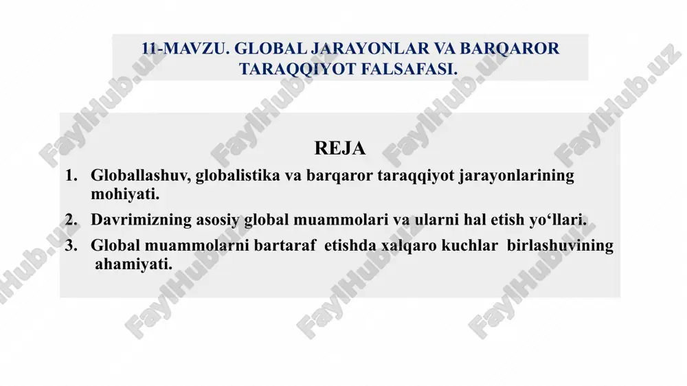 otincha so`zdan olingan bo`lib, globus - shar, yer sayyorasi ma`nosini bildiradi. «globallashuv» - xx asrning ikkinchi yarmi – xxi boshida jahon taraqqiyotida shakllangan yangi umumsayyoraviy hodisa bo’lib, hozirgi davrdagi xalqaro tartibotlar, davlatlar va kishilar o’rtasida o’zaro aloqalarning kengayishi va murakkablashishi, dunyo miqyosida axborot makoni, kapital, tovar hamda ishchi kuchi bozoridagi integratsiyalashuv, atrof muhitga texnogen ta’sirning kuchayishi, ommaviy ma’daniyat namunalarining keng tarqalishi, axborot-mafkuraviy va diniy-ekstrimistik xurujlar xavfining ortib borishini ifoda etuvchi tushunchadir. (1925 - 2006) «globallashuv» atamasi dastlab amerikalik olim teodor levittning 1983 yili «garvard biznesrevyu» jurnalida chop etilgan maqolasida tilga olingan edi. teodor levitt yirik transmilliy korporatsiyalar ishlab chiqaradigan turli-tuman mahsulot bozorlarining birlashuv jarayonini globallashuv deb atagan. (1938 - 2022) 1985 yilda esa taniqli amerikalik olim roland robertson «globalization» iborasini ilmiy muomalaga kiritib, bu tushunchani «odamlar ongida sayyoramizning torayishi hamda dunyoning yaxlit tarzda anglanishi»ni aks ettirib, «dunyoning birlashuvi va kishilar o‘rtasidagi o‘zaro aloqalarning kuchayishini» ifoda etadigan jarayon sifatida talqin etadi. …