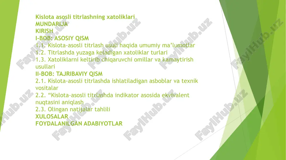 b-quvvatlash tizimini tubdan takomillashtirish to‘g‘risida”gi pf–5997-sonli farmoni bu boradagi muhim hujjatlardan sanaladi. i-bob: asosiy qism 1.1. kislota-asosli titrlash usuli haqida umumiy ma’lumotlar titrlash (shuningdek, titrimetriya[1] va hajmli tahlil deb ham ataladi) aniqlangan tahlil qiluvchi moddaning (tahlil qilinadigan modda) kontsentratsiyasini aniqlash uchun miqdoriy kimyoviy tahlilning keng tarqalgan laboratoriya usuli hisoblanadi. titrant yoki titrator deb ataladigan reagent[2] konsentratsiyasi va hajmi maʼlum boʻlgan standart eritma sifatida tayyorlanadi. titrant analitning konsentratsiyasini aniqlash uchun analit eritmasi (uni titrand[3] deb ham atash mumkin) bilan reaksiyaga kirishadi. analit bilan reaksiyaga kirishgan titrant hajmi titrlash hajmi deb ataladi. odatiy titrlash, oʻz ichiga juda aniq miqdorda tahlil qiluvchi va oz miqdorda indikator (masalan, fenolftalein) solingan stakan yoki erlenmeyer kolbasi bilan, titrantni oʻz ichiga olgan kalibrlangan byuretka yoki kimyoviy pipetlash shpritslari ostiga qoʻyishdan boshlanadi.[18] keyin analit va indikatorga kichik hajmdagi titrant qoʻshiladi va indikator titrantning to'yinganlik chegarasiga reaksiya sifatida rangini oʻzgartiradi, bu titrlashning yakuniy nuqtasiga yetib borishini anglatadi, yaʼni titrant …
