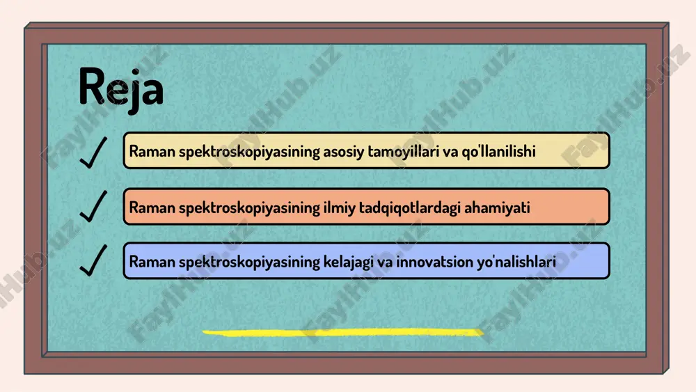 shi mumkin. umuman olganda, raman spektroskopiyasi o'zining keng qo'llanishi va innovatsion imkoniyatlari bilan ilmiy tadqiqotlar va sanoat sohalarida muhim ahamiyatga ega. raman spektroskopiyasida yangi yo'nalishlar zamonaviy texnologiyalar, masalan, yuqori aniqlikdagi optik qurilmalar va kompyuter algoritmlari, raman spektroskopiyasining aniqligini va samaradorligini oshirishga yordam bermoqda. nanotehnologiya bilan integratsiya qilish innovatsion yondashuvlar yaratmoqda, masalan, nanomateriallar yordamida spektral analizi yanada chuqurlashtirish imkonini beradi. shuningdek, yangi materiallar va analiz metodlari tadqiqotlar uchun yangi imkoniyatlar va muammolarni keltirib chiqaradi. kelajakdagi tadqiqotlar raman spektroskopiyasida yangi imkoniyatlarni ochishi kutilmoqda, masalan, biologik jarayonlarni chuqur o'rganish uchun spektroskopik asboblar. misol uchun, yangi yaratilgan nanomateriallar yordamida saraton hujayralarini aniqlash yoki to'g'ri aniqlanishini ta'minlash uchun yangi metodlar ishlab chiqish mumkin. innovatsiyalar, shuningdek, energetika va atrof-muhitni muhofaza qilishdagi muammolarni hal etishda ham yordam berishi mumkin. umuman olganda, zamonaviy texnologiyalar va innovatsion yondashuvlar raman spektroskopiyasining rivojlanishiga katta hissa qo'shmoqda. raman spektroskopiyasining ilmiy tadqiqotlardagi o'rni raman spektroskopiyasi, molekulalarning vibratsion harakatlarini o'rganish uchun ishlatiladigan kuchli analitik …