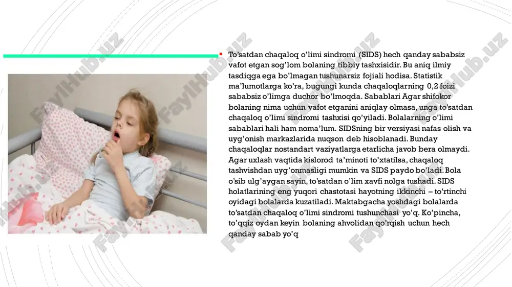 i saqlang. haddan tashqari issiqlik, shuningdek, bolaning tanasining haddan tashqari sovishi tananing ishiga salbiy ta’sir qiladi, bu esa chaqaloqning o’limiga olib keladi. sidsni oldini olish uchun harorat konditsionerlar va isitgichlar yordamida o'rnatiladi ▪ venoz yetishmovchilik – chuqur tomirlar klapanlari yetishmovchiligi va qonning turg’unligi fonida rivojlanadi, uning bosimi ostida tomirlar devorlari cho’zilib, elastikligini yo’qotadi va ingichka bo’ladi. rivojlanishning dastlabki bosqichlarida kasallikning klinik ko’rinishi ifodalanmaydi, bu erta tashxis qo’yish va o’z vdavolash konservativ yoki jarrohlik bo’lishi mumkin. davolash usuli kasallik og’irligiga va patologik jarayonning tarqalish darajasiga bog’liq. ▪ venoz yetishmovchilik sabablari ▪ oyoqlarning venoz yetishmovchiligi – klapan apparati disfunksiyasi, venoz devorlar tonusining pasayishi va turg’unlikning rivojlanishi fonida rivojlanadi. bunday patologiyani rivojlanishining sabablari har xil. ▪ kasallikning eng keng tarqalgan sababi: ▪ - estrogen ortiqcha ishlab chiqariladigan gormonal kasallik. ▪ - jismoniy harakatsizlik, odam doimo o’tirish yoki turish holatida turishga majbur bo’lganda. ▪ - pastki oyoqlarda yuk ortib boradigan semirish, bu tomirlardagi qonning …