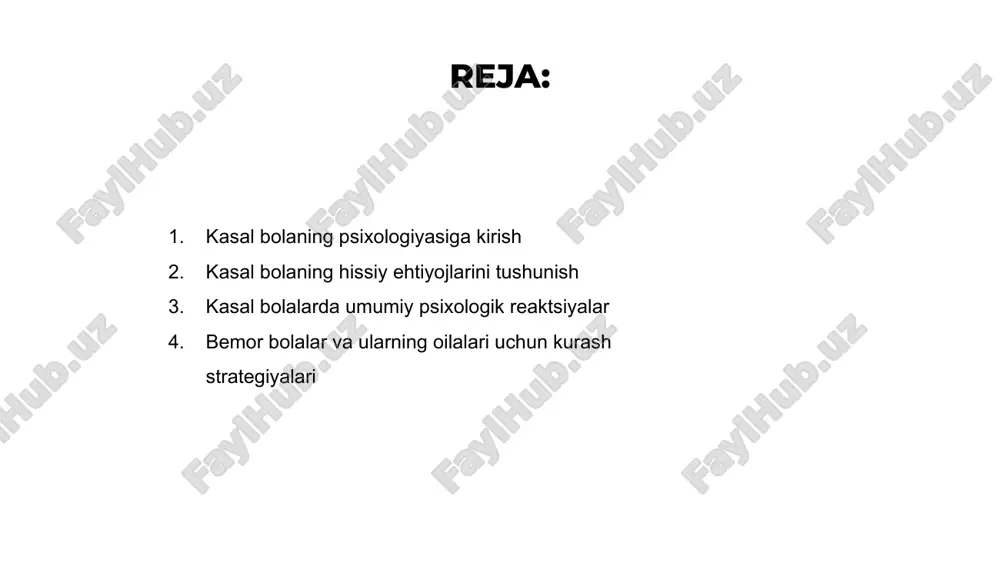 hbu psixologik reaktsiyalarni qulaylik, xotirjamlik va xavfsiz muhitni taklif qilish orqali hal qilish muhimdir. ularning his-tuyg'ularini tan olish orqali biz ularga engish va davolanishga yordam bera olamiz. oila va tibbiyot xodimlarining yordami kasal bolalarga o'z his-tuyg'ularini boshqarishda va tiklanish yo'liga ijobiy qarashda yordam berishda juda muhimdir. bemor bolalar va ularning oilalari uchun kurash strategiyalari venus is the second planet from the sun mercury is the closest planet to the sun jupiter is the biggest planet of them all 1 2 3 kasal bolalarni qo'llab-quvvatlashda o'yin terapiyasining roli kasal bolaning psixologiyasi murakkab, qo'rquv va tashvish kabi his-tuyg'ular ularni ko'pincha bosib oladi. o'yin terapiyasi hissiy qo'llab-quvvatlash va kasal bolalarni engishda yordam berishda hal qiluvchi rol o'ynaydi. o'yin terapiyasi orqali bolalar o'z his-tuyg'ularini va qo'rquvlarini xavfsiz va xavfli bo'lmagan muhitda ifoda etishlari mumkin. terapiyaning ushbu shakli, shuningdek, kasallik paytida ularning hissiy farovonligi uchun juda muhim bo'lgan nazorat va imkoniyatlarni kuchaytirish tuyg'usiga yordam beradi. …