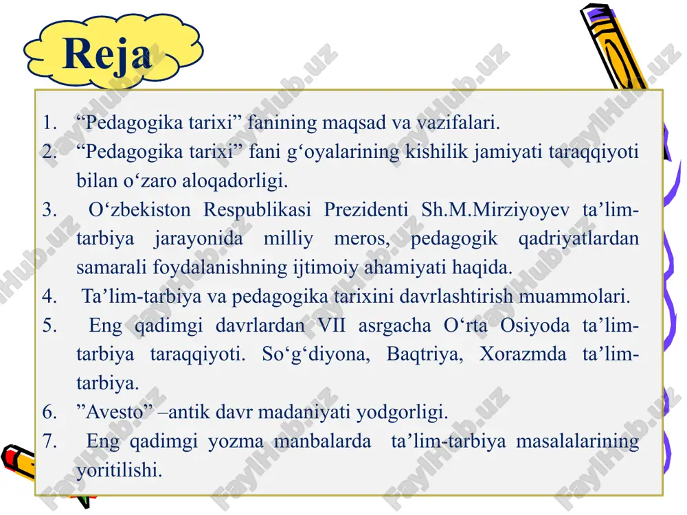 ‘z-o‘zini anglash, kasbiy rivojlanish bilan bog’liqlikda umumiy va pedagogik madaniyatni shakllantirish; pedagogik fikrlar rivojini tahlil etish va tizimlashtirish; pedagogik g’oyalarni tahlil etish asosida ularni o‘quv-tarbiya jarayoniga tatbiq etish. pedagoka tarixini o‘rganish manbalari: arxeologik yodgorliklar; qo‘lyozmalar; xalq og’zaki ijodi; adabiy yodgorliklar; hujjatlar; badiiy adabiyot; memuarlar; sharq va g’arb mutafakkirlarining asarlari. pedagogika tarixi fani g’oyalarining kishilik jamiyati taraqqiyoti bilan o‘zaro aloqadorligi. tarbiya insonning aqliy va axloqiy jihatdan borishi ham o‘z navbatida kishilik jamiyatining qaror topa borishiga yordam bergan. xullas, tafakkur yurita olish qobiliyatiga ega bo’lgan inson kamolotining ta’minlanish jarayoni hamda jamiyatning ijtimoiy taraqqiyoti o’zaro uzviy aloqada shakllangan. mazkur tarixiy jarayon mohiyatini bilish bizga inson tafakkurining juda uzoq davr va murakkab sharoitlarda shakllana borganligidan dalolat beradi. ma’lumki, kishilik jamiyatining vujudga kelishi jarayonida inson ham biologik jihatdan, ham ijtimoiy jihatdan takomillashib borgan. dastlabki diniy e’tiqodlar, eng oddiy ixtirolarning takomillashib borishi kabi holatlar inson ongining ham shakllanib borishiga turtki bo’ldi. bu jarayon minglab yillarni o’z …