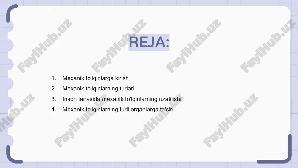 malarga ta'sir qilishi mumkin, bu esa tebranish yoki siljishlarni keltirib chiqarishi mumkin. inson tanasida mexanik to'lqinlarning uzatilishi ham ijobiy, ham salbiy ta'sir ko'rsatishi mumkin, bunda umumiy salomatlik va farovonlikni ta'minlash uchun to'g'ri tushunish va boshqarish zarur. mexanik to'lqinlarning turli organlarga ta'siri mexanik to'lqinlar inson tanasiga ta'sir qiladigan organga qarab turli xil ta'sir ko'rsatishi mumkin. misol uchun, bu to'lqinlar keltirib chiqaradigan tebranishlar nafas olish tizimiga ta'sir qilishi mumkin, bu esa nafas olishda qiyinchiliklarga olib kelishi mumkin. mexanik to'lqinlarning yurak-qon tomir tizimiga ta'siri chuqur bo'lishi mumkin. yuqori intensivlikdagi to'lqinlarga uzoq vaqt ta'sir qilish yurakning normal faoliyatini buzishi mumkin, bu esa yurak bilan bog'liq muammolarga va boshqa asoratlarga olib keladi. bundan tashqari, mexanik to'lqinlar mushak-skelet tizimiga ham ta'sir qilishi mumkin. ushbu to'lqinlarga doimiy ta'sir qilish mushaklar va bo'g'imlarning kuchlanishiga olib kelishi mumkin, natijada og'riq va noqulaylik paydo bo'ladi. turli organlarga bunday ta'sirlarni yodda tutish juda muhimdir. zararli mexanik to'lqinlardan himoya qilish mexanik to'lqinlar …