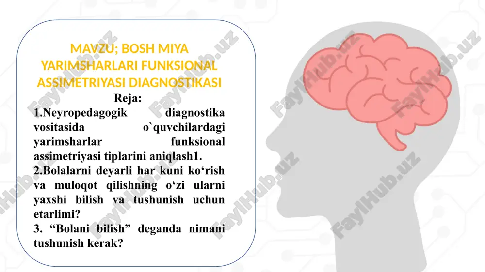 aksincha, agar chapaqay bo‘lsa – asosan o‘ng yarimsharlar boshqarishidan dalolat beradi. mana shu juft organlarining etakchiligi va ularning o‘zaro kombinatsiyasidan kelib chiqib inson bosh miya yarimsharlari asimmetriyasining bir qator funksional tiplarini aniqlash mumkin. neyropedagogik diagnostikada inson bosh miya funksional asimmetriyasining tiplari bo‘yicha bolalarni shartli ravishda uch guruhga – miyaning chap yarimshari faoliyatiga tayanadiganlar, o‘ng yarimshari faoliyatiga tayanadiganlar va miya yarimsharlar funksional asimmetriyasi aralash bo‘lganlarga ajratish mumkin:  miyaning chap miya yarimshari faoliyatiga tayanadiganlar – o‘ng qo‘li, ko‘zi va qulog‘i etakchi bo‘lganlar;  miyaning o‘ng yarimshari faoliyatiga tayanadiganlar – o‘ng qo‘li, biroq chap ko‘zi va qulog‘i etakchi bo‘lganlar;  miya funksional asimmetriyasining aralash tipi – o‘ng qo‘li etakchi, biroq etakchi ko‘zi va qulog‘i turlicha bo‘lganlar. motor sohasining asimmetriyasini yoki bolaning etakchi qo‘lini aniqlash. bolaning yetakchi qo‘lini aniqlash uchun undan quyida keltirilgan mashqlarni bajarishi so‘raladi. bunda, albatta, bolaning yosh xususiyatlarini xisobga olinishi kerak bo‘ladi. qartalarni tarqatish. bunda qartalarni taxlaydigan qo‘l – etakchi …