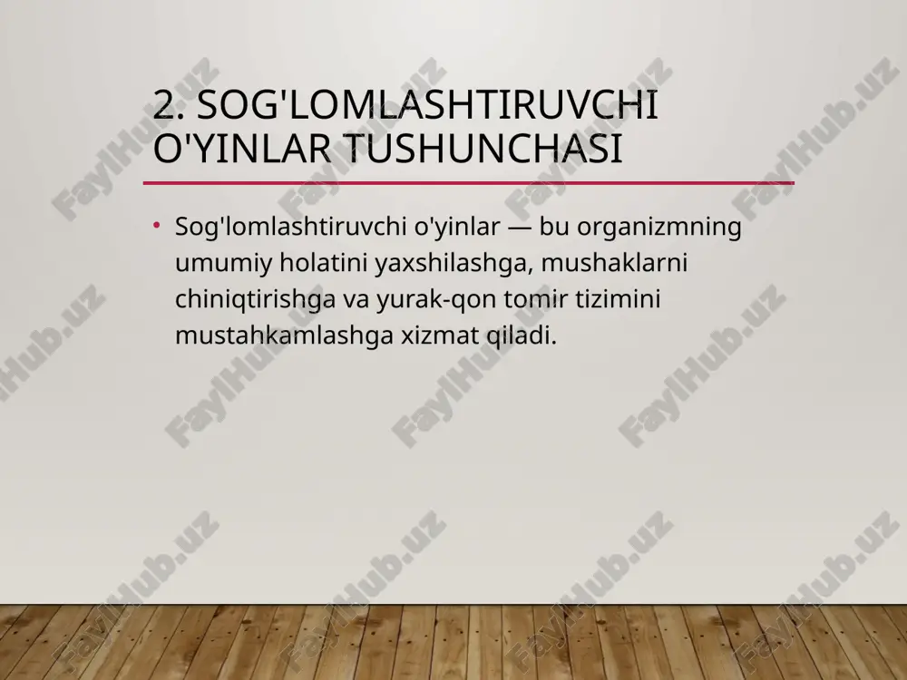 o'yinlarning ijtimoiy ta'siri ular o‘zaro hurmat, jamoada ishlash, do‘stlik va mehr-oqibat tuyg‘ularini shakllantiradi. o‘yin ijtimoiy ko‘nikmalarni rivojlantiradi. 14. xulosa sog‘lomlashtiruvchi va hordiq chiqaruvchi o‘yinlar jismoniy rivojlanish bilan birga, ruhiy barqarorlik va ijtimoiy faollikka xizmat qiladi. ularni o‘quv jarayoniga keng joriy qilish zarur. 15. foydalanilgan adabiyotlar 1. jismoniy tarbiya va sog‘lomlashtirish asoslari 2. milliy o‘yinlar to‘plami 3. metodik qo‘llanmalar 4. ilmiy maqolalar va darsliklar image1.jpg /docprops/thumbnail.jpeg