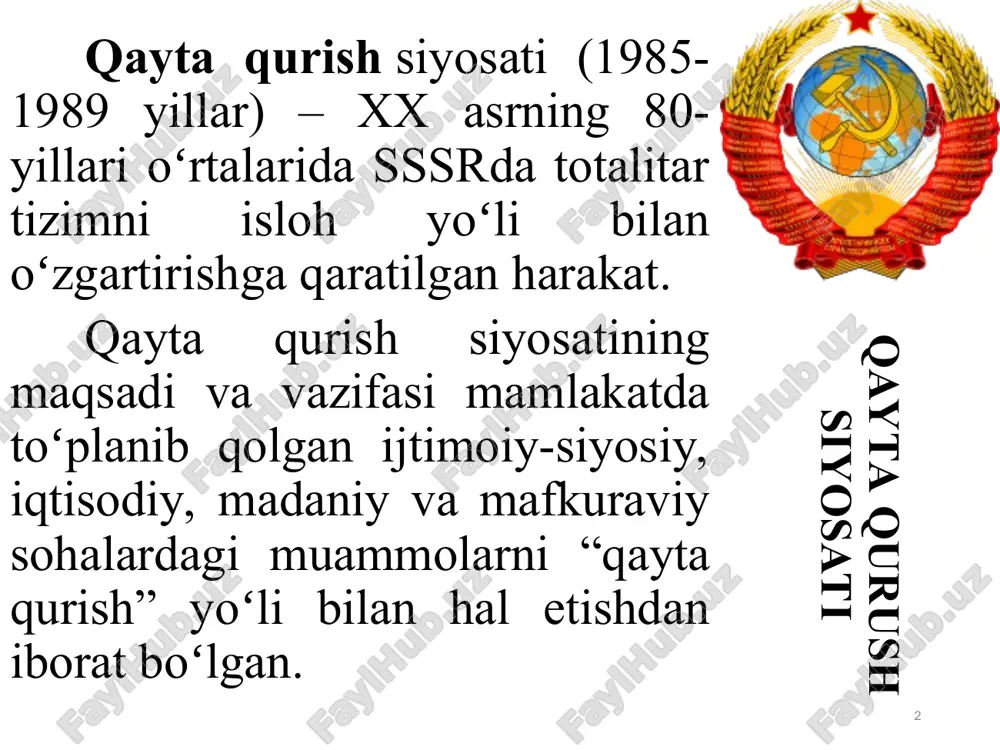 idan o‘qqa tutilishi natijasida g k ch p sssr vitse-prezidenti gennadiy yanayev hamda kgb raisi vladimir kryuchkov rahbarligidagi guruh gorbachyov ta’tilda ekanidan foydalanib mamlakatda gkchp, favqulodda holat e’lon qilishadi. 1991 yil mart oyida referendum o‘tkaziladi va unda 77,85 foiz fuqarolar sssrni saqlab qolishni yoqlab ovoz beradi va shunga ko‘ra quyidagilar ma’lum qilindi: * * * 1. oleg baklanov – sssr harbiy kengashining birinchi o‘rinbosari; 2. vladimir kryuchkov – sssr kgb raisi; 3. valentin pavlov – sssr bosh vaziri; 4. boris pugo – sssr ichki ishlar vaziri; 5. vasiliy staradubsov – sssr dehqonlar kengashi raisi; 6. aleksandr tizyakov – davlat ishlab chiqarish, qurilish, transport va aloqa assotsiatsiyasi raisi; 7. dmitriy yazov – sssr mudofaa vaziri; 8. gennadiy yanayev – sssr prezidenti vazifasini bajaruvchi; o‘zbekistonning davlat mustaqilligini qo‘lga kiritish tomon yo‘l tutishi. 1989-yil 23-iyun kuni bo‘lib o‘tgan o‘zbekiston kompartiyasi mqning xiv plenumida karimov islom abdug’aniyevich o‘zbekiston kompartiyasi mqning birinchi kotibi etib saylandi. …