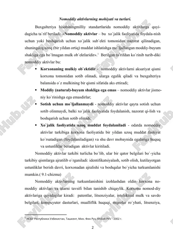 rxonadan ajralishi va boshqalar bo`yicha turkumlanishi mumkin.( 9.1-chizma) nomoddiy aktivlarning turkumlanishini izohlashdan oldin korxona no-moddiy aktivlari va ularni tavsifi bilan tanishib chiqaylik. korxona nomod-diy aktivlariga quyidagilar kiradi: patentlar, litsenziyalar, intelektual mulk va savdo belgilari, kompьyuter dasturlari, mualliflik huquqi, mijozlar ro`yhati, litsenziya, marketing huquqlari, import kvotalari, tashkiliy xarajatlar, nou-xau, franchayzing va gudvill. patent — huquqiy tan olingan va ro`yxatdan o`tkazilgan mutlaq huquq. patent huquqi o`zining egasiga patentga taalluqli bo`lgan buyumni, jarayonni yoki faoliyatni foydalanish, ishlab chiqarish, sotish va nazorat qilish huquqini beradi. bunda chetdan boshqa shaxslar bevosita aralasha olmaydi. patent huquqi kashfiyotning tarkibini himoya qiladi va u belgilangan tartibda ro`yxatga olingan bo`lishi kerak. patent huquqi bilan himoyalanadigan ob`ektlarni ishlatishning asosiy ko`rinishi - bu huquqni litsenziya shartnomasi asosida berish va ob`ektni korxona ustav kapitaliga ulush sifatida qo`shishdir. yer va tabiiy resurslardan foydalanish huquqi - yer maydonlari, tabiiy resurslarni qazib olish maydonlari va ushbu maydonlar haqidagi geologik va boshqa axborotlarga egalik qilish huquqidir. …