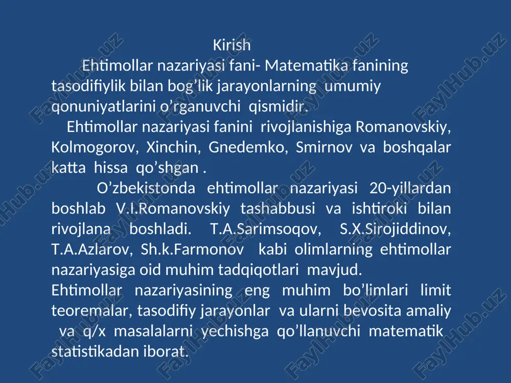 ki unib chiqmaslik hodisalaridan biri ro‘y beradi. bu erda chigitni ekish tajriba, uni unib chiqish yoki unib chiqmasligi hodisadir. hodisalar uch xil bo‘ladi: muqarrar, mumkin bo‘lmagan, tasodifiy hodisalar 2.hodisa va uning turlari. muayyan shart-sharoitda har bir tajribada ro‘y berishi ham, ro‘y bermasligi ham mumkin bo‘lgan hodisa tasodifiy hodisa deyiladi. tasodifiy hodisalar a, b, c, d, ... bosh harflar bilan belgilanadi. xususan, o’zaro qarama-qarshi: 3) tasodifiy hodisalar = u agar har bir sinashda a1, a2, ..., an hodisalardan kamida bittasi ro‘y bersa, ya’ni a1+a2+…..+an=u bo‘lsa, u holda bu hodisalar, hodisalarining to‘la gruppasini tashkil etadi. agar bu hodisalar bir-xil ro’y berish shansiga ega bo’lsa teng imkoniyatli hodisalar bo’ladi. muqarrar bo’lmagan hodisa deb biror shartlar kompleksi bajarilganda hech ham sodir bo’laydigan hodisaga aytiladi. tasodifiy hodisa deb biror shartlar kompleksi bajarilganda ro’y berishi ham ro’y bermasligi ham mumkin bo’lgan hodisaga aytiladi. ehtimollar nazariyasi - berilgan tasodifiy hodisalarning ehtimollariga ko’ra boshqa ular bilan qandaydir bog’langan …